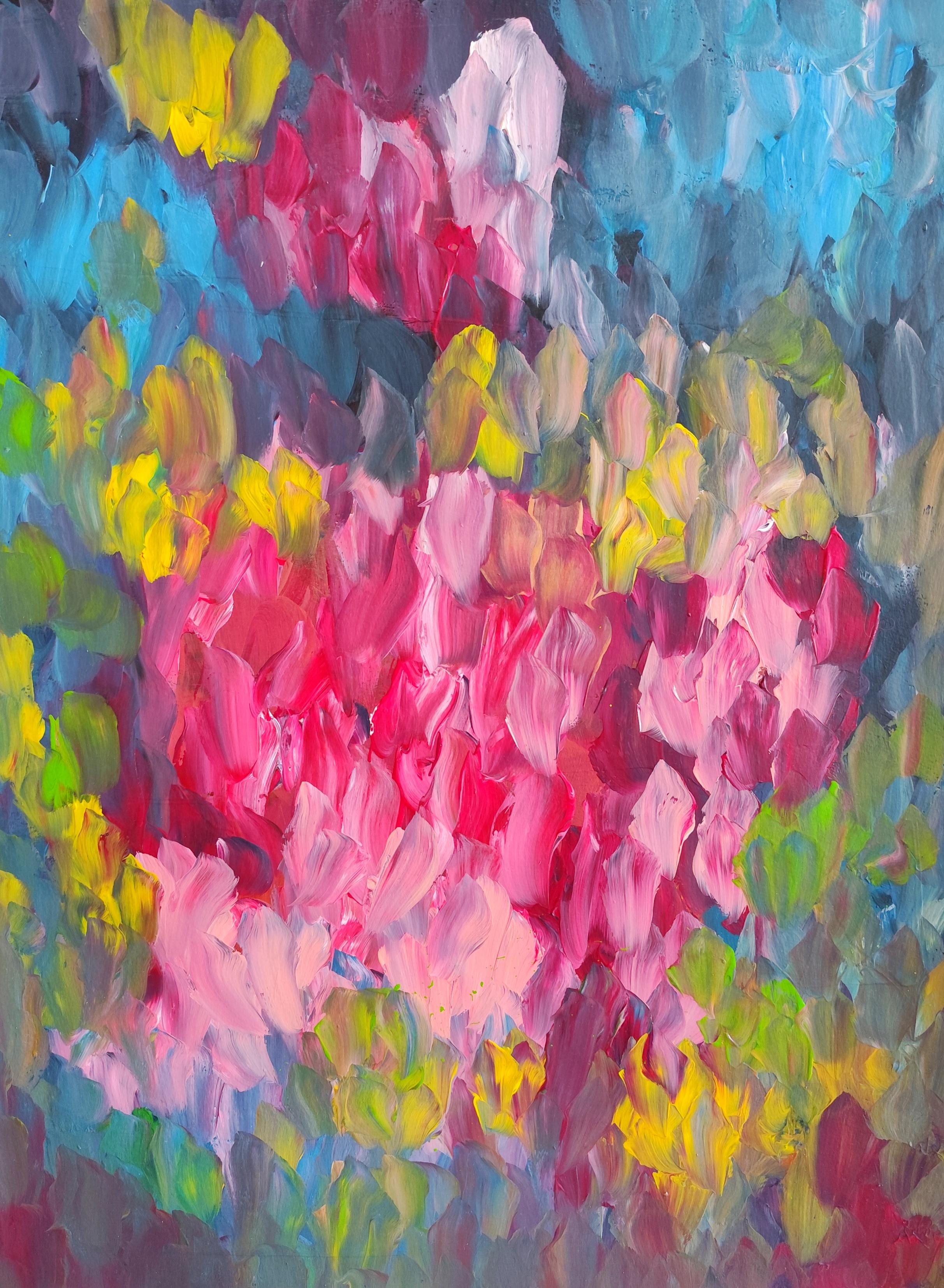 Abstract Painting de Mougenot Natalya - Pintura acrílica floral expresiva abstracta sobre papel "Florecimiento de colores"