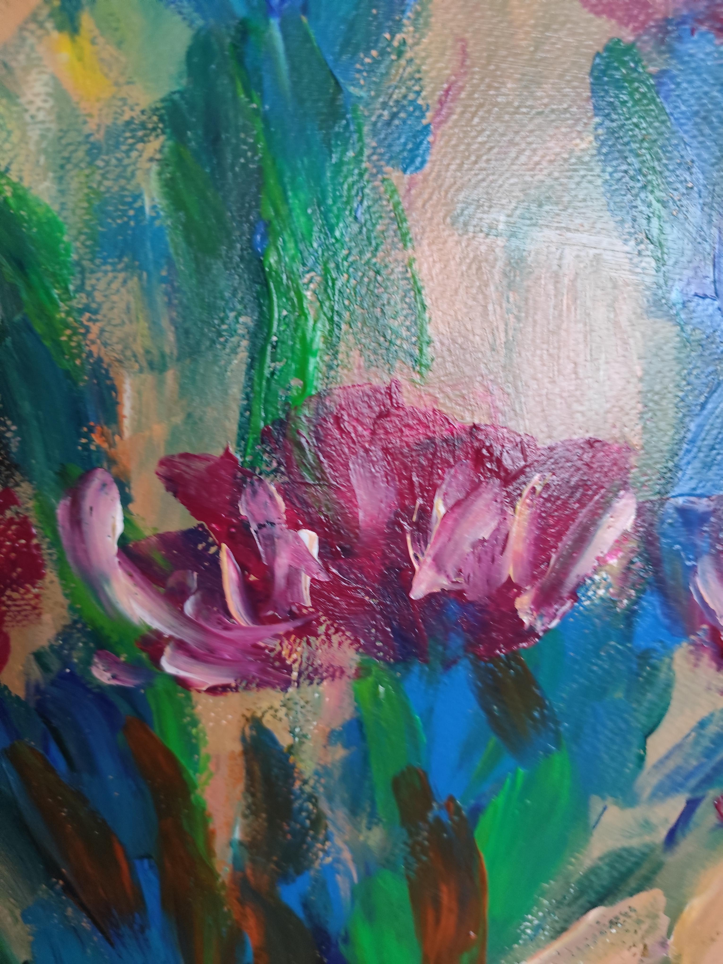 Pintura acrílica floral expresiva abstracta sobre papel 