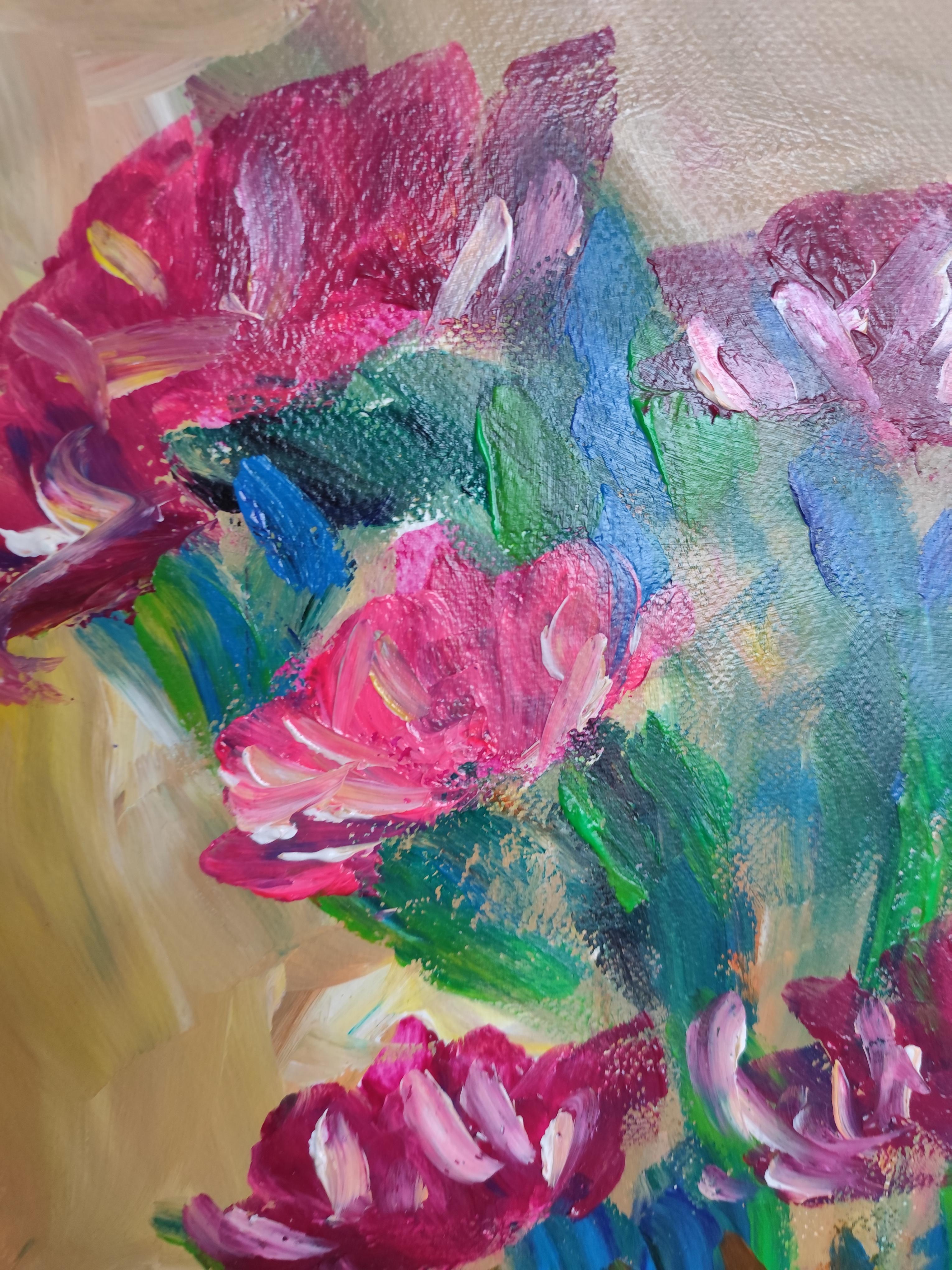 Pintura acrílica floral expresiva abstracta sobre papel 