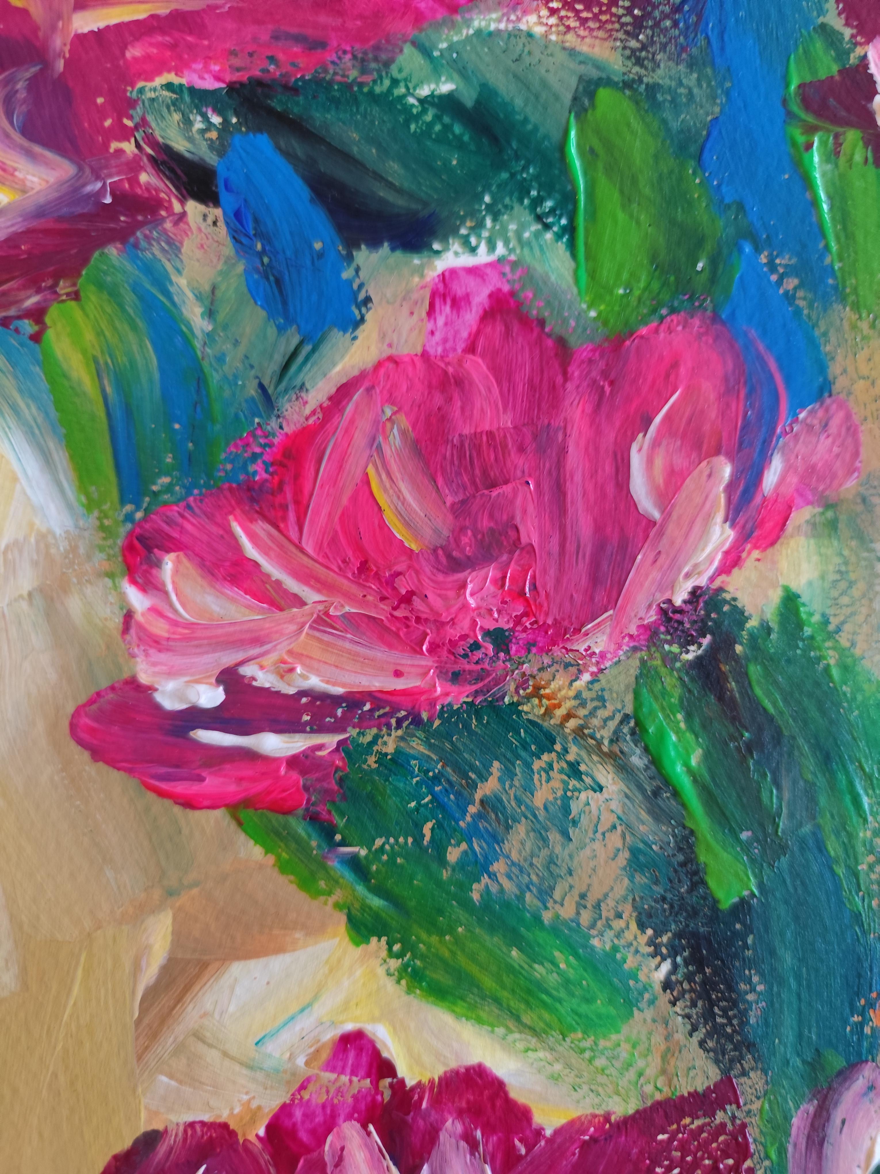 Pintura acrílica floral expresiva abstracta sobre papel 