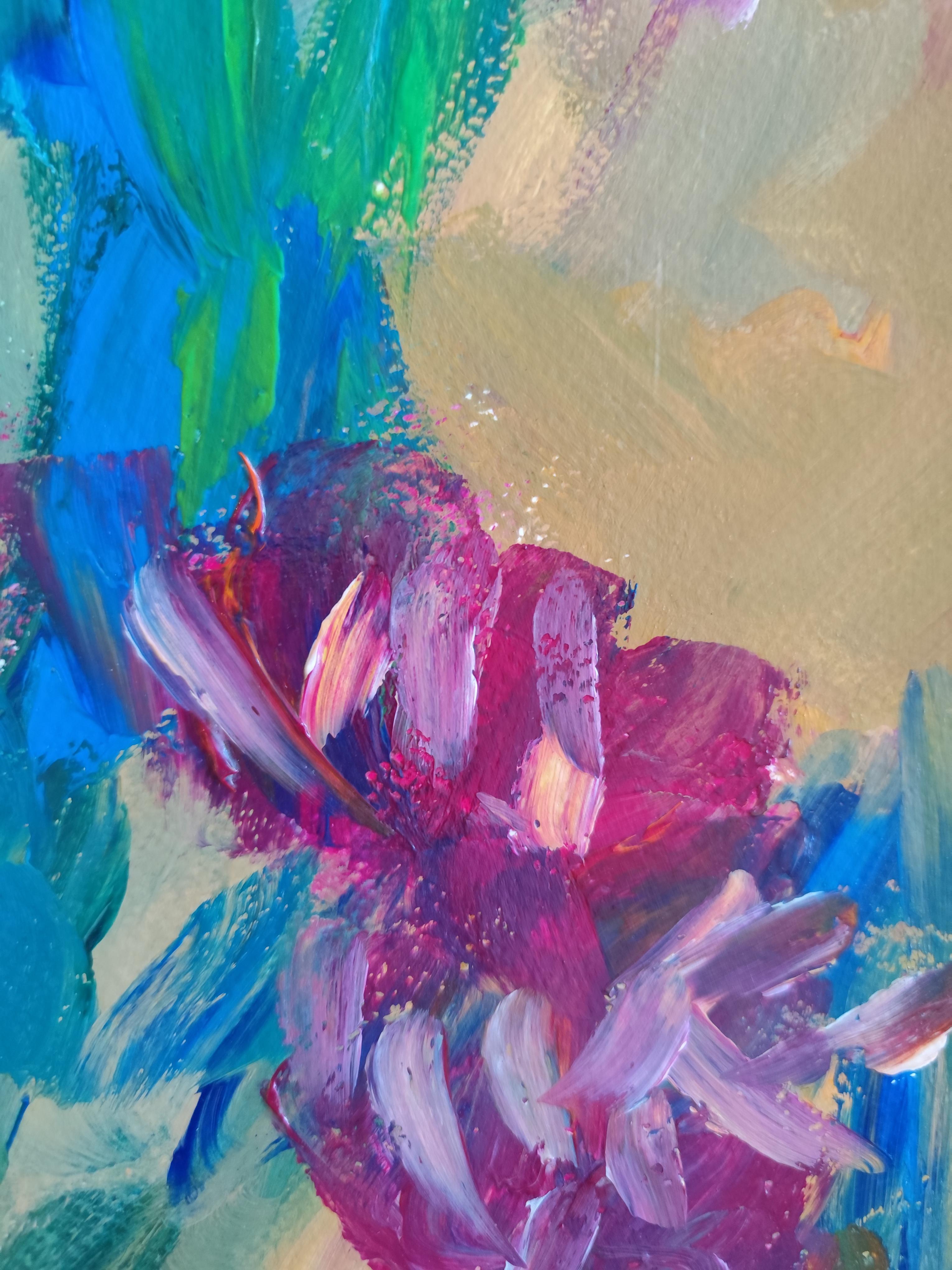 Pintura acrílica floral expresiva abstracta sobre papel 