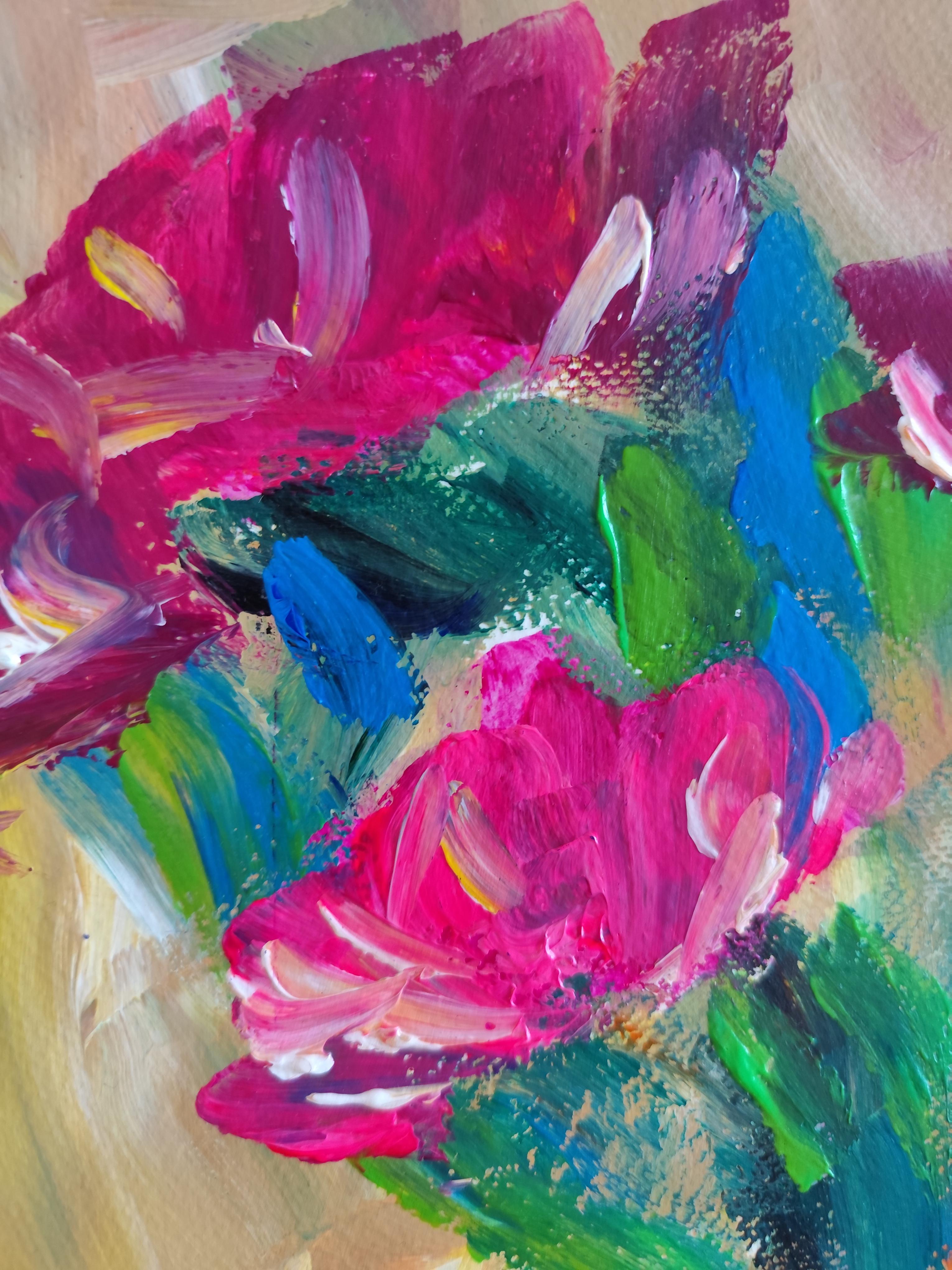 Pintura acrílica floral expresiva abstracta sobre papel 