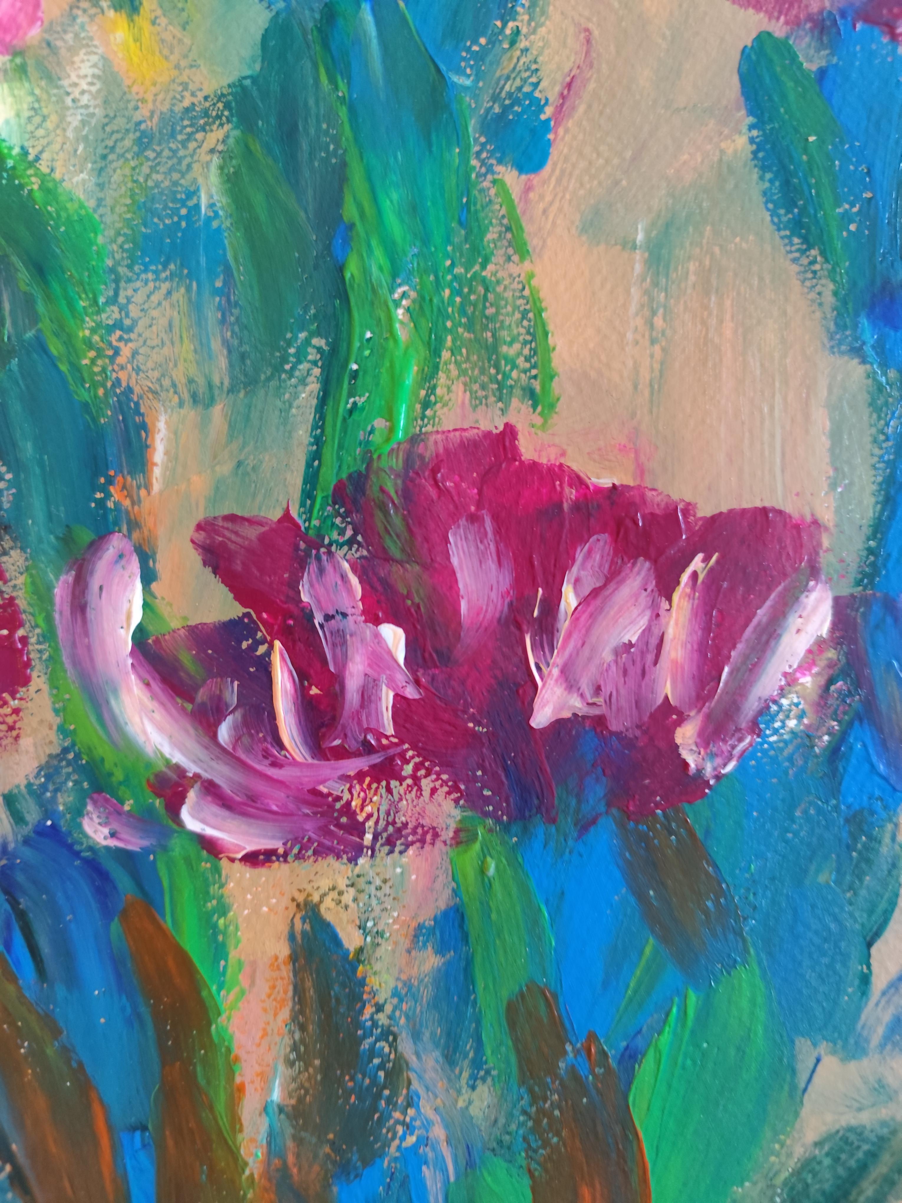 Pintura acrílica floral expresiva abstracta sobre papel 