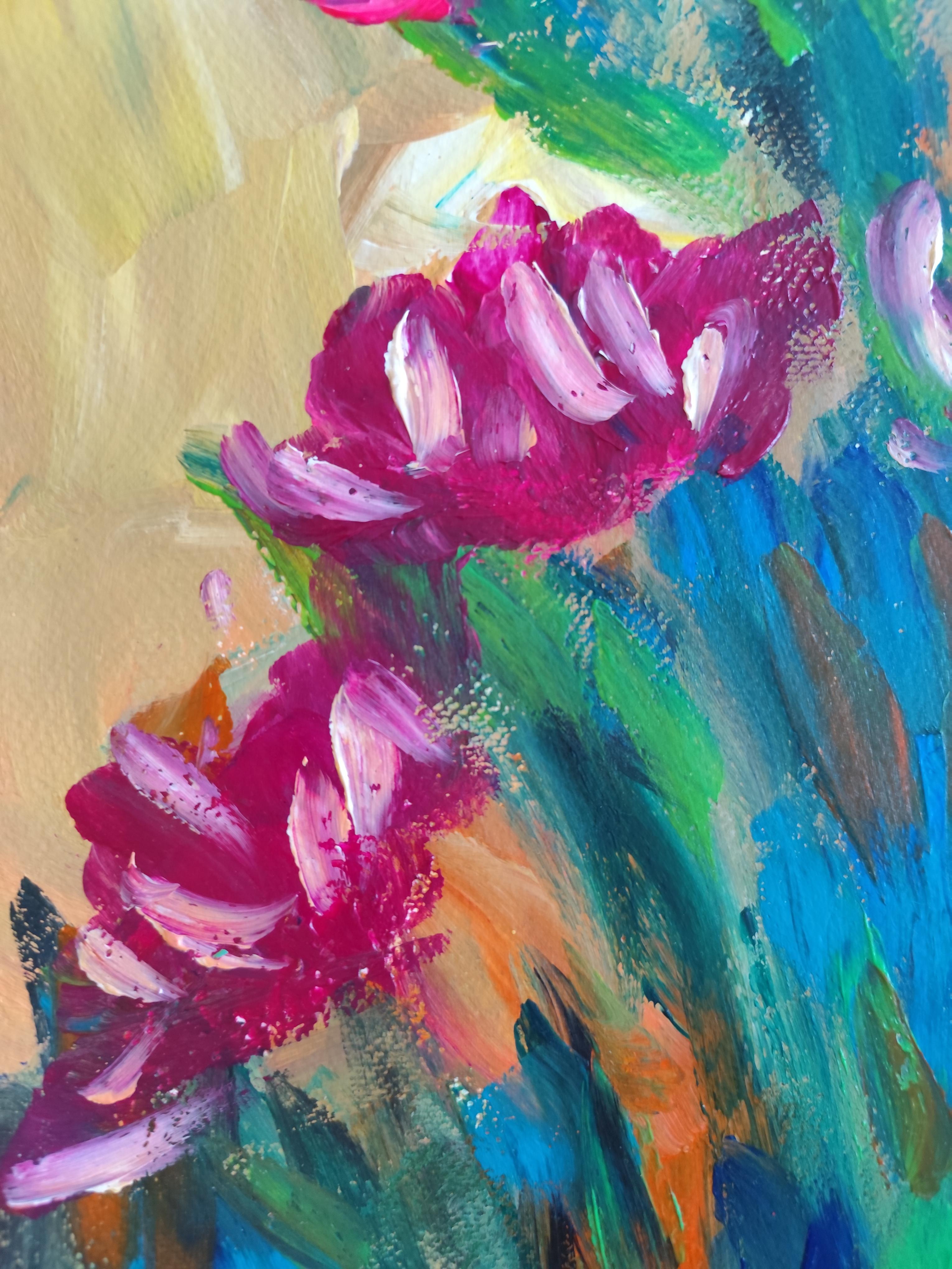 Pintura acrílica floral expresiva abstracta sobre papel 