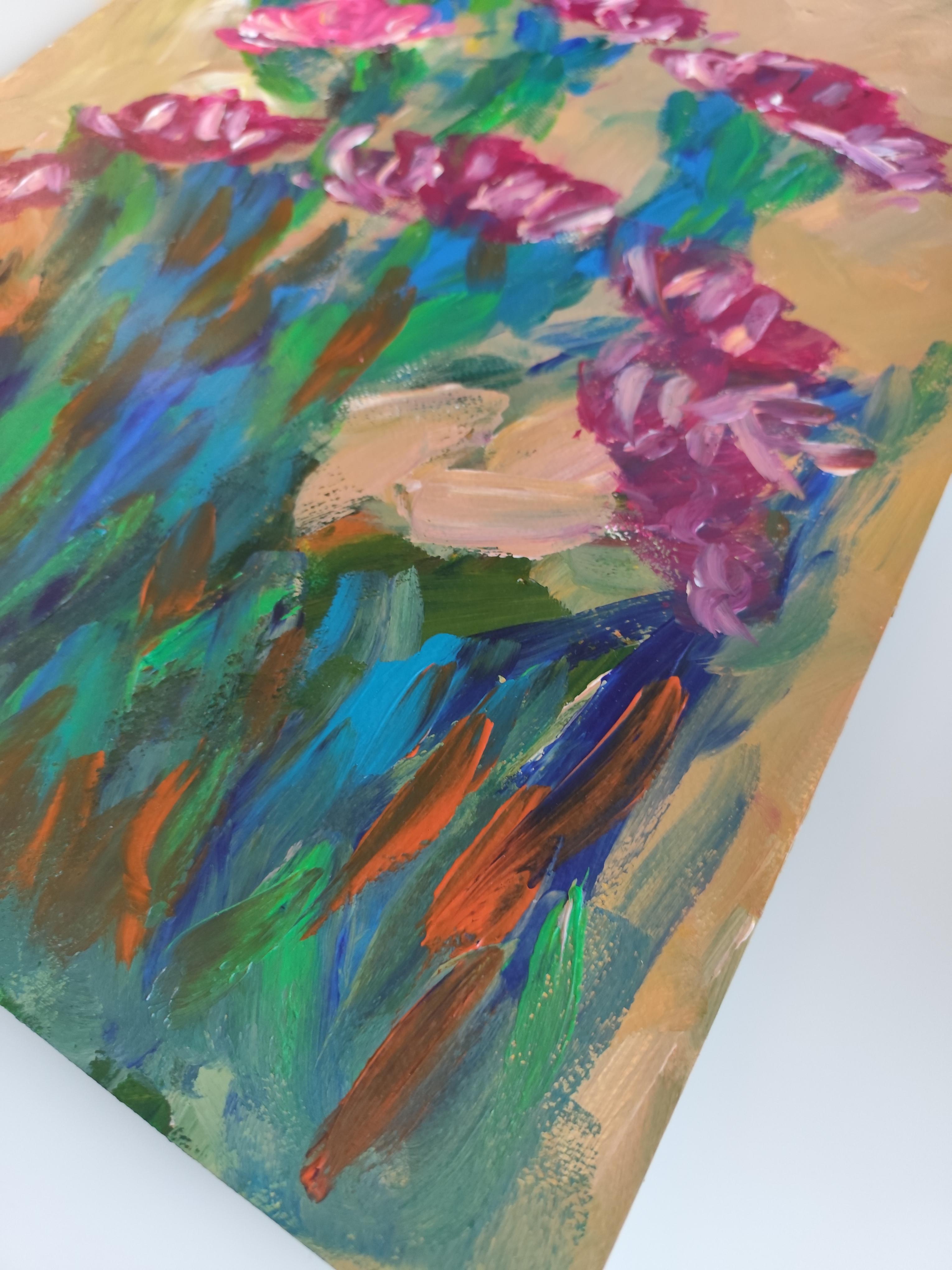 Pintura acrílica floral expresiva abstracta sobre papel 