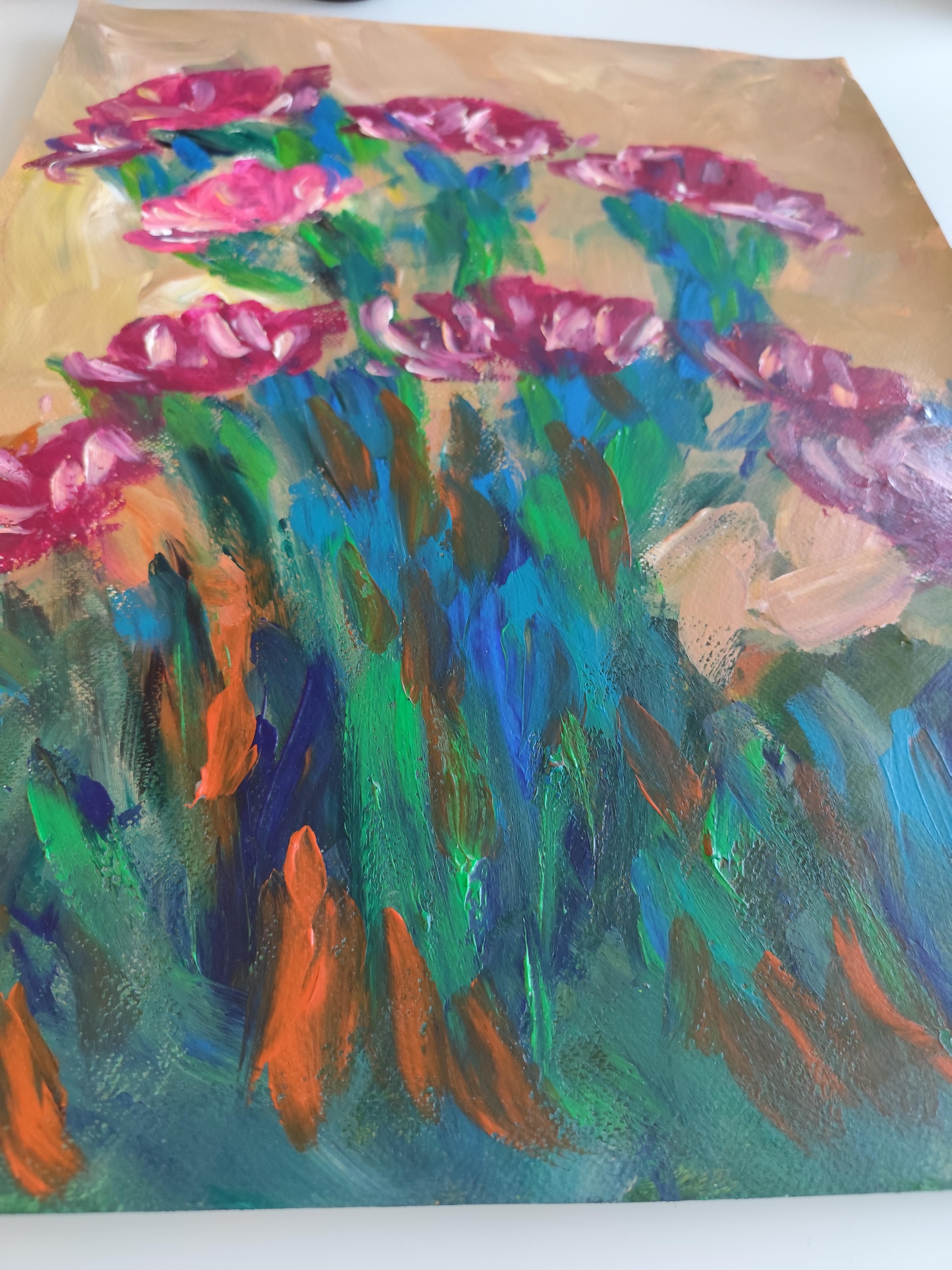 Pintura acrílica floral expresiva abstracta sobre papel 