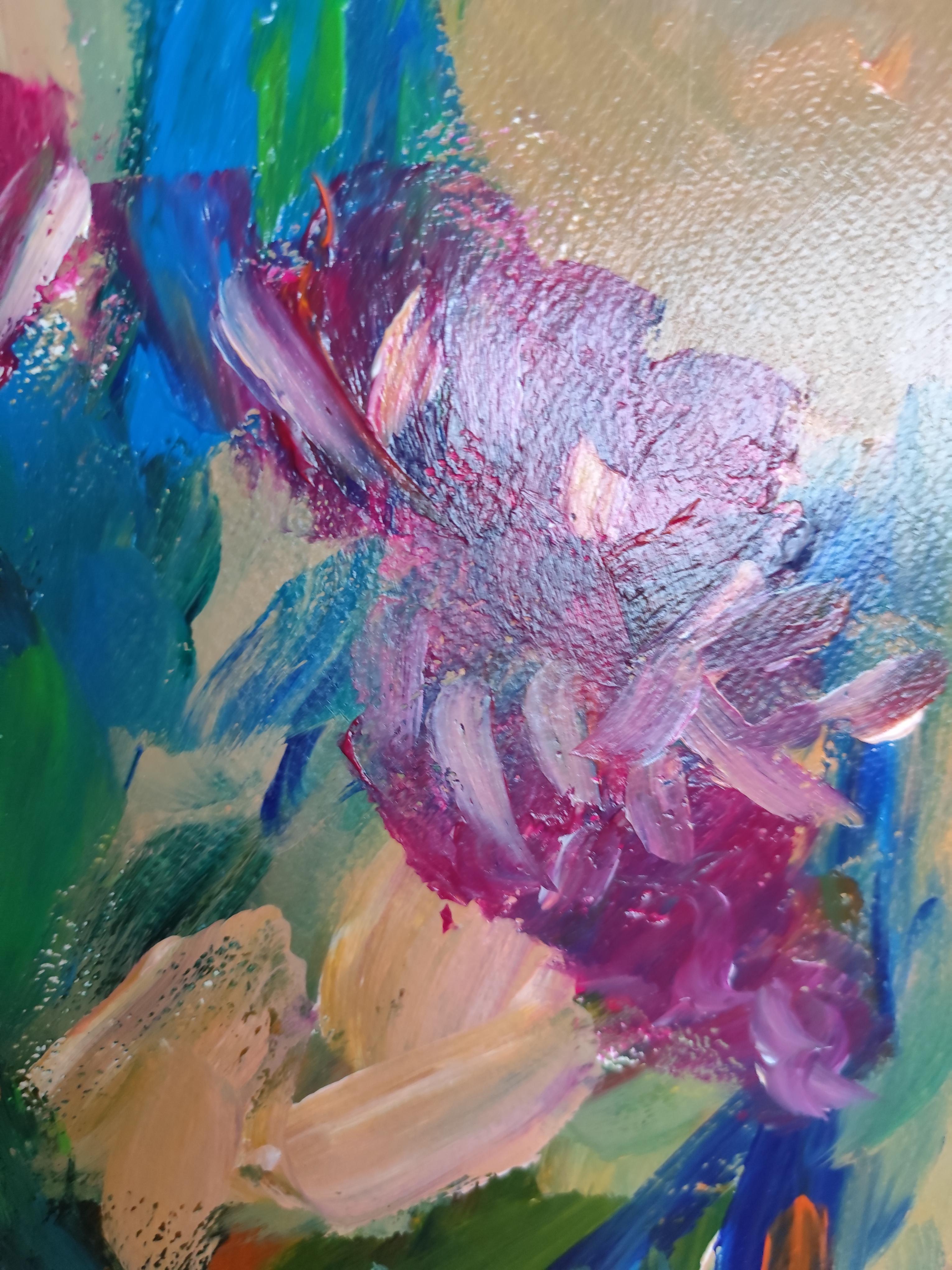 Pintura acrílica floral expresiva abstracta sobre papel 