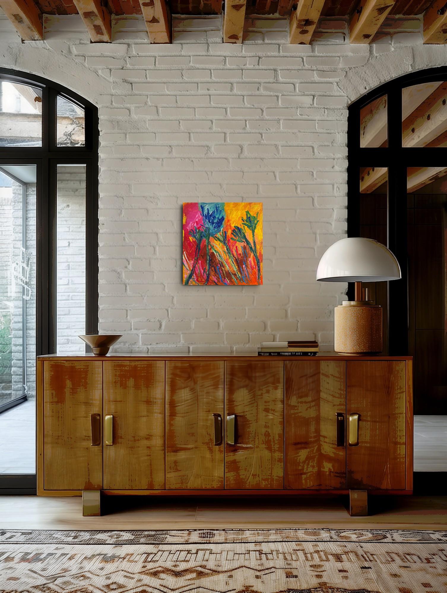Peinture florale abstraite expressive sur toile « Symphonie florale en couleur » en vente 1