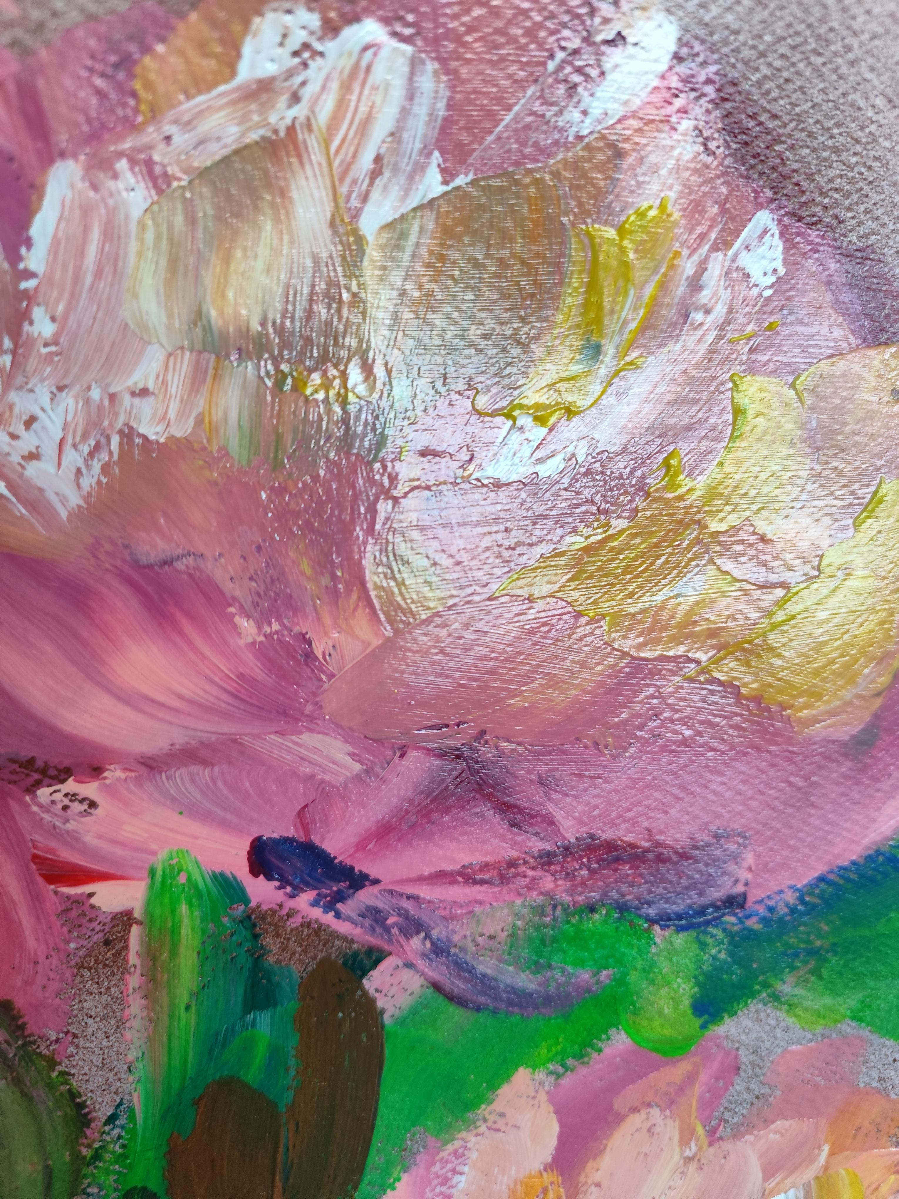 Pittura acrilica astratta espressiva di rose floreali su carta 