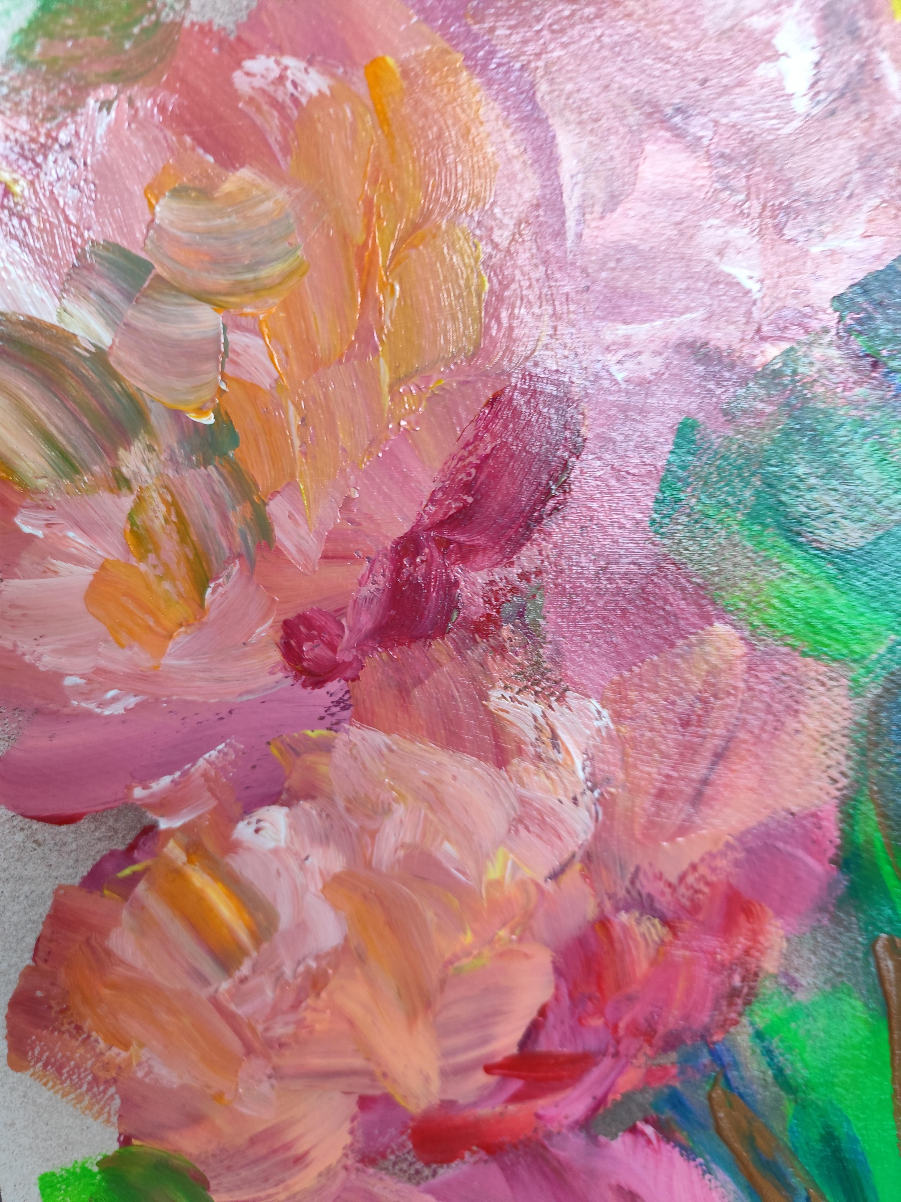 Pittura acrilica astratta espressiva di rose floreali su carta 