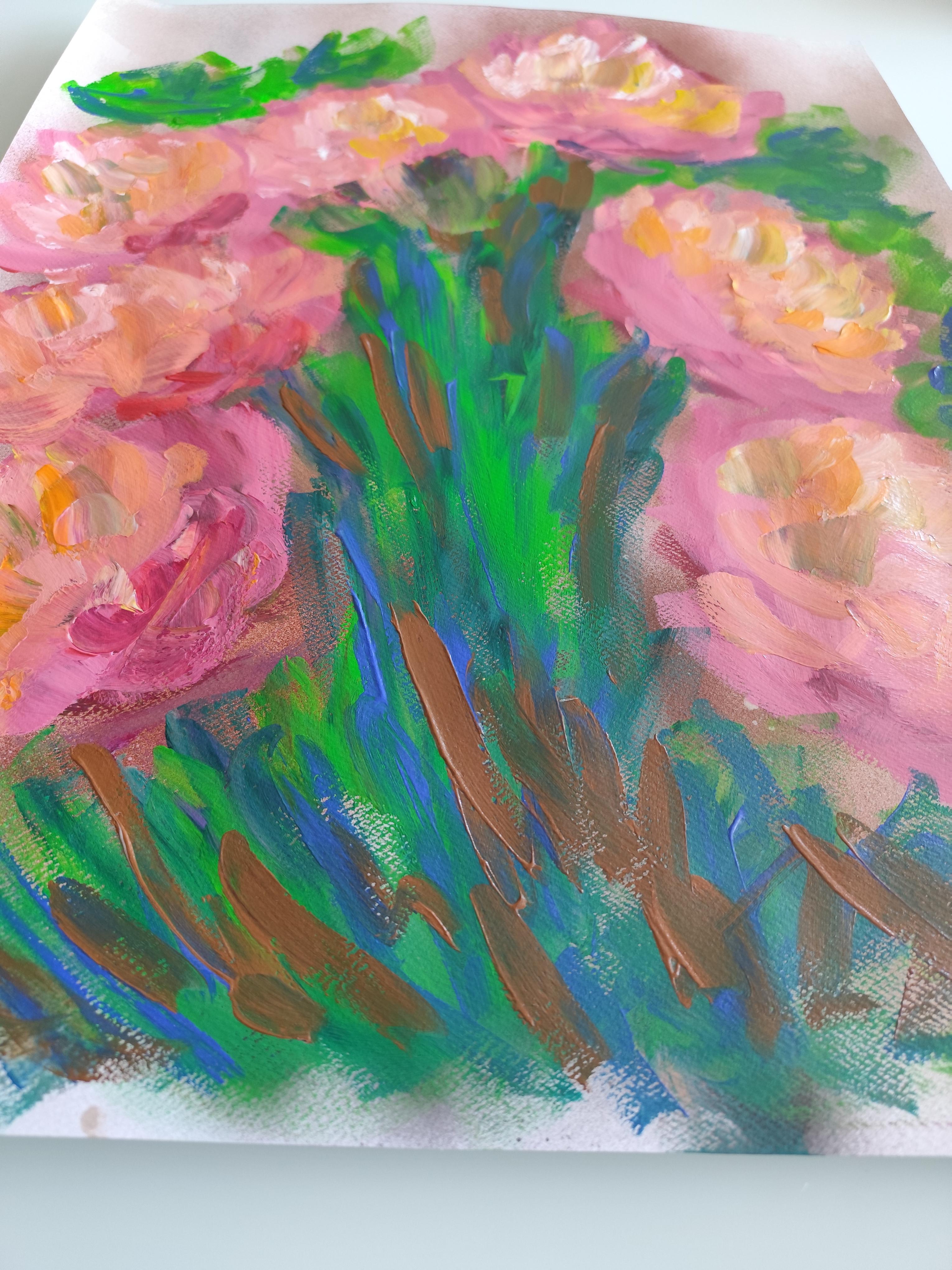 Pittura acrilica astratta espressiva di rose floreali su carta 