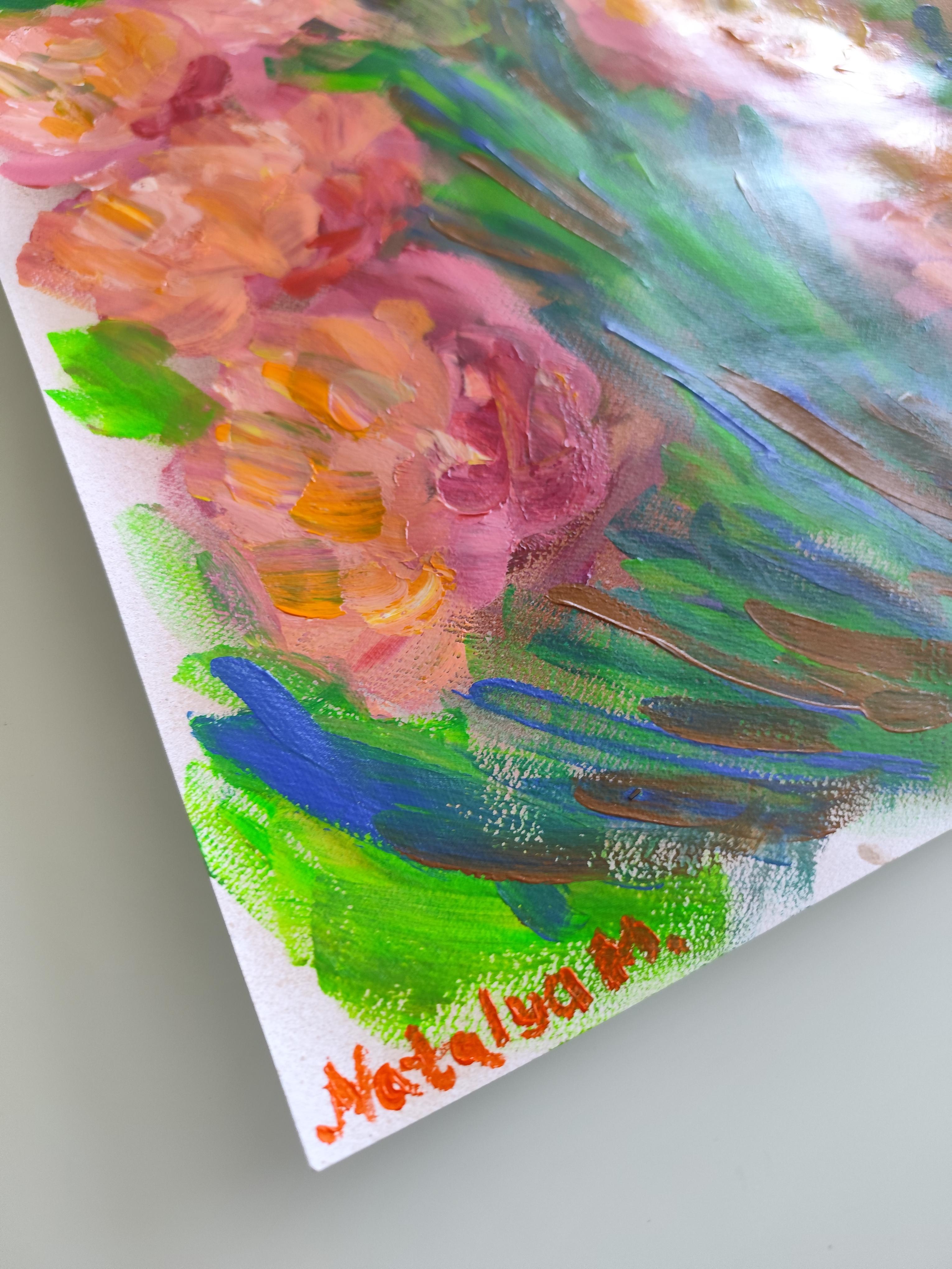 Pittura acrilica astratta espressiva di rose floreali su carta 