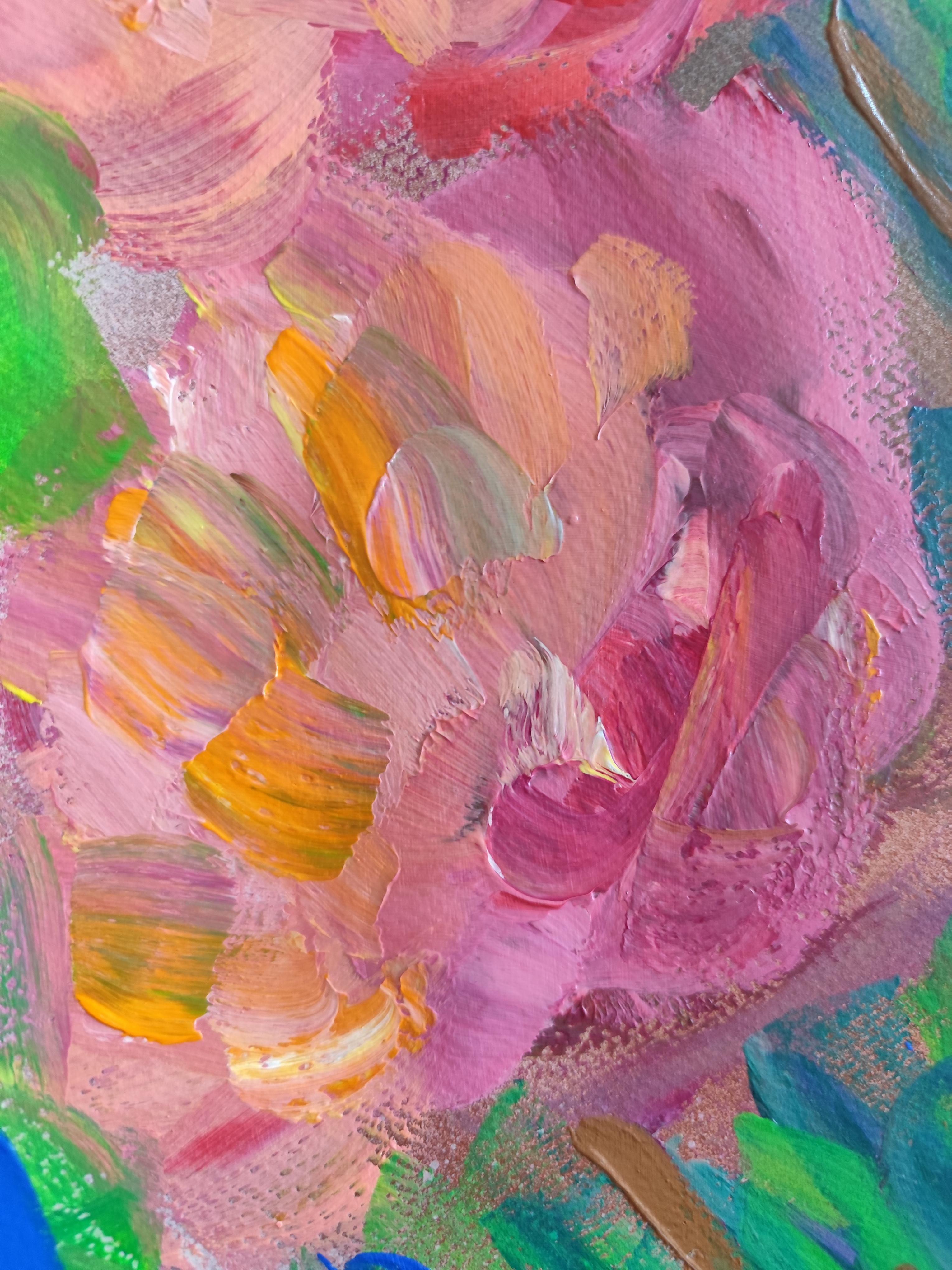 Pittura acrilica astratta espressiva di rose floreali su carta 