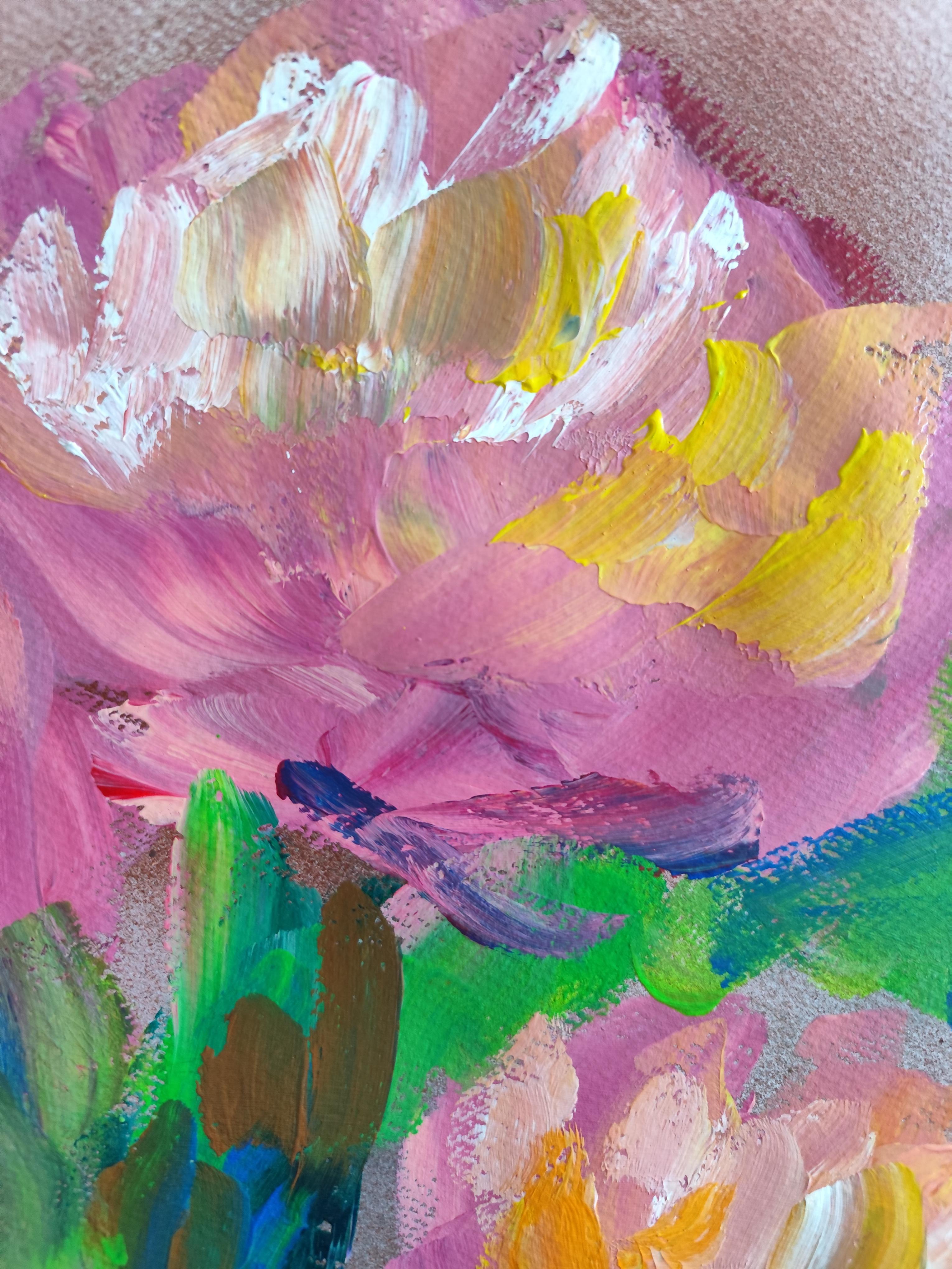 Pittura acrilica astratta espressiva di rose floreali su carta 