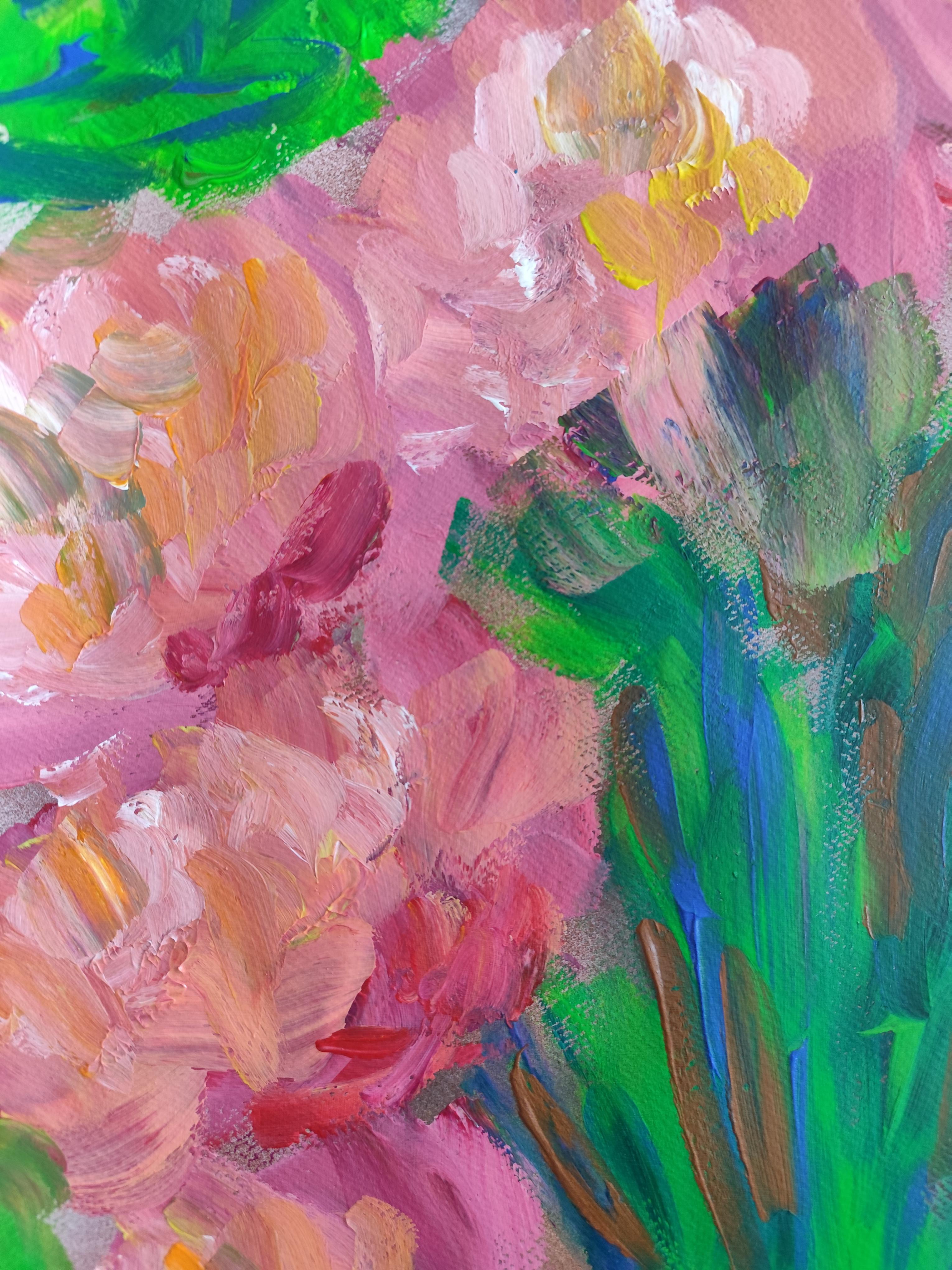 Pittura acrilica astratta espressiva di rose floreali su carta 