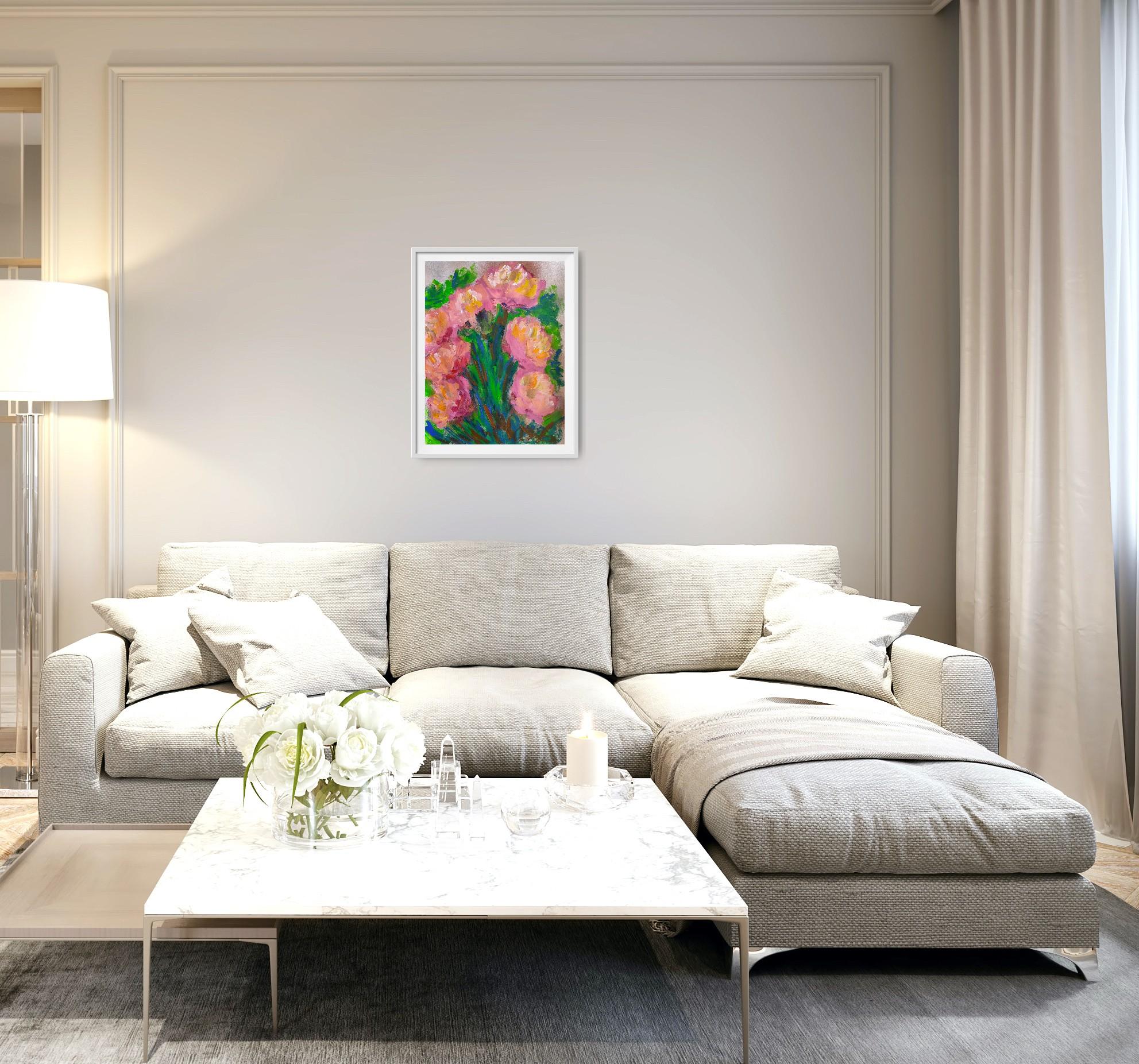 Pittura acrilica astratta espressiva di rose floreali su carta 