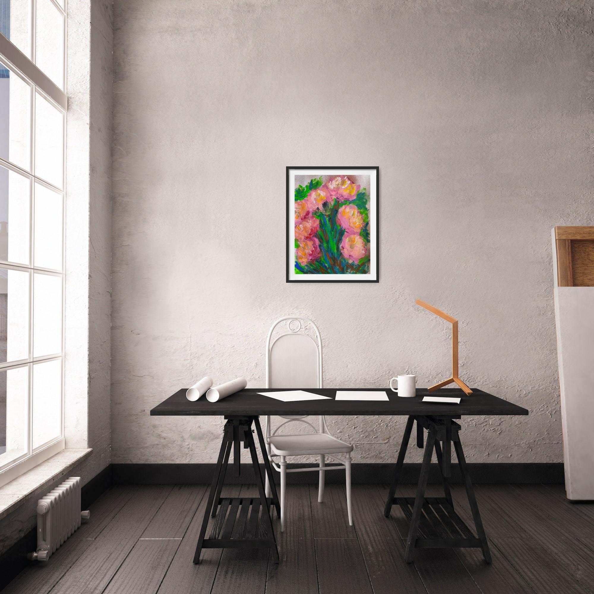 Pittura acrilica astratta espressiva di rose floreali su carta 