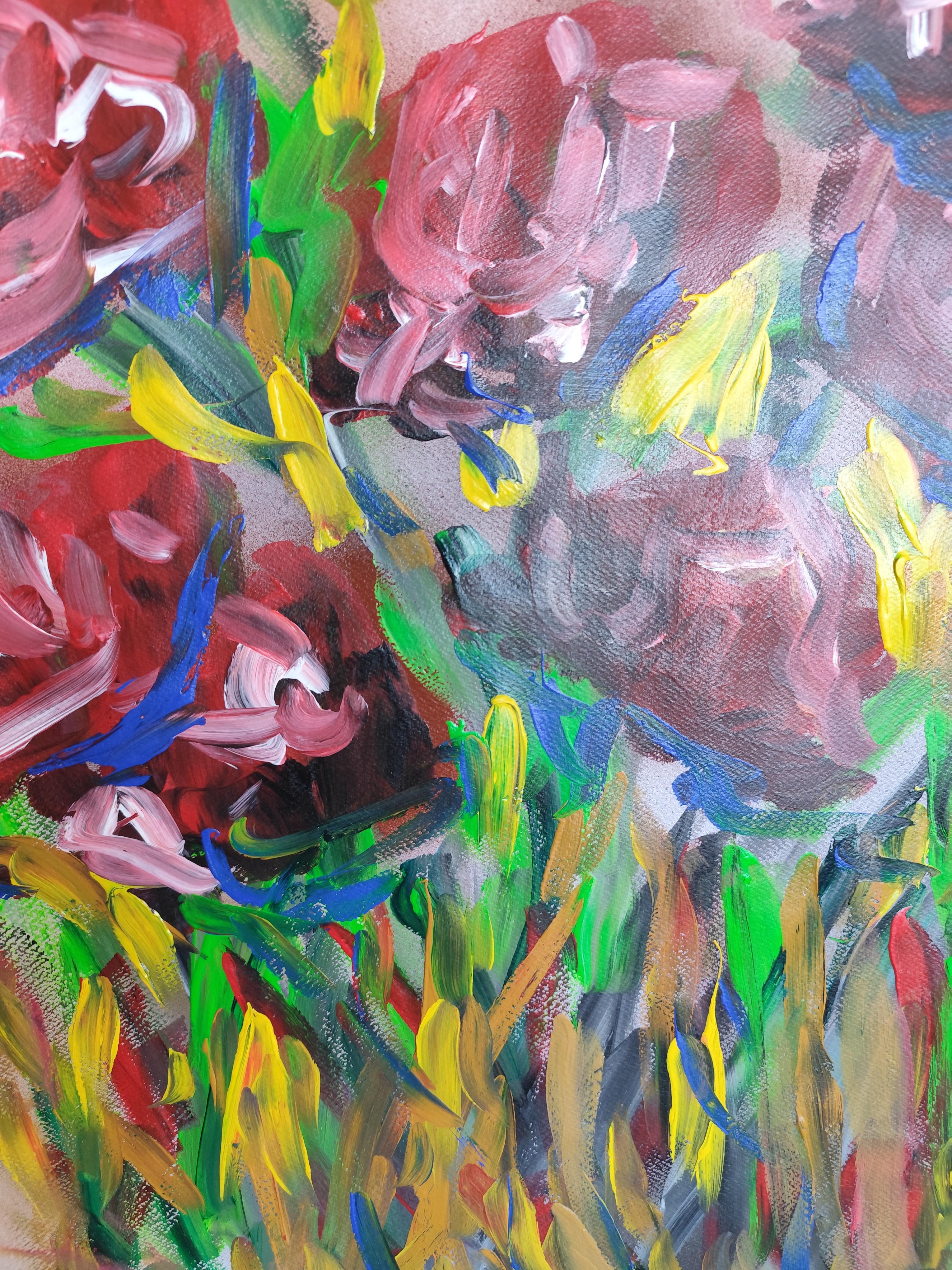 Abstraktes, ausdrucksstarkes Acrylgemälde mit BlumenRosen auf Papier „Crimson blooms“ im Angebot 6