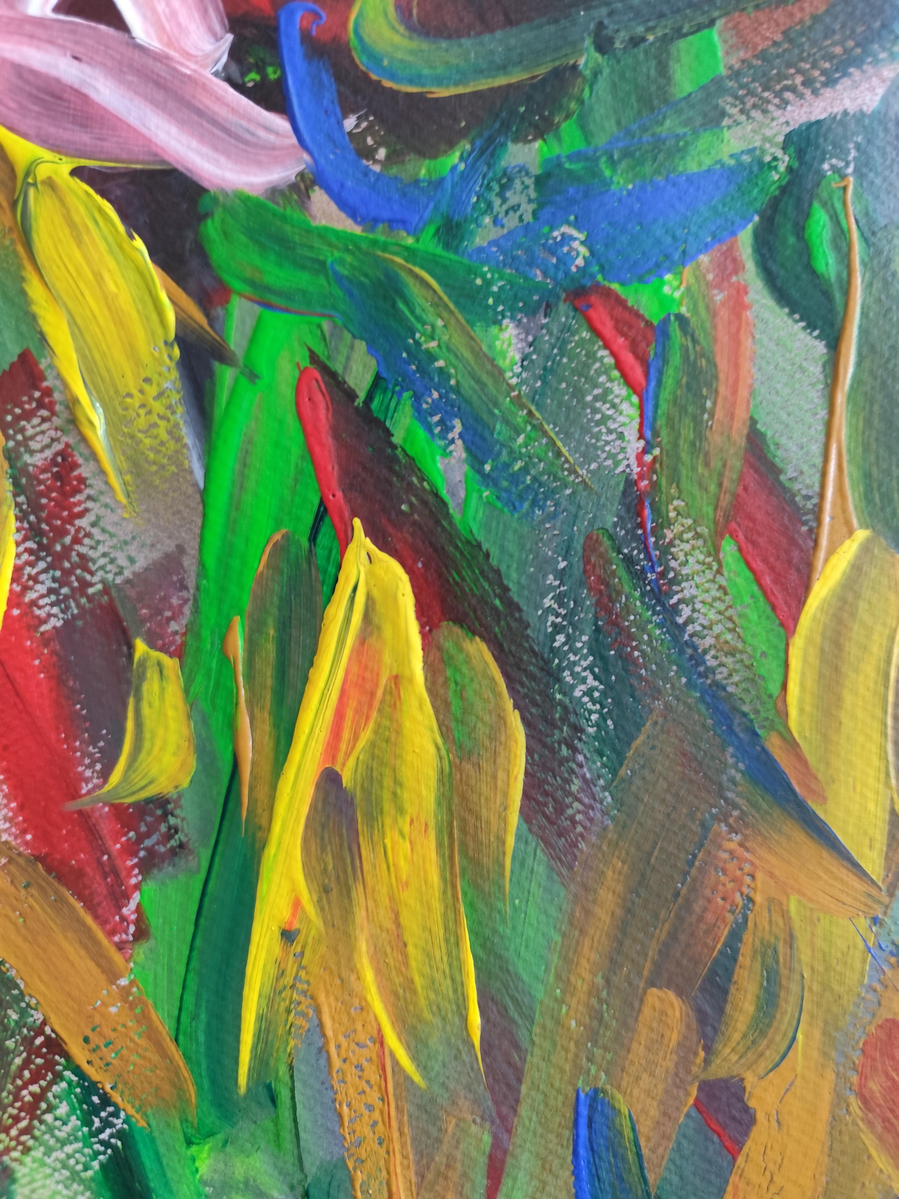 Abstraktes, ausdrucksstarkes Acrylgemälde mit BlumenRosen auf Papier „Crimson blooms“ im Angebot 10
