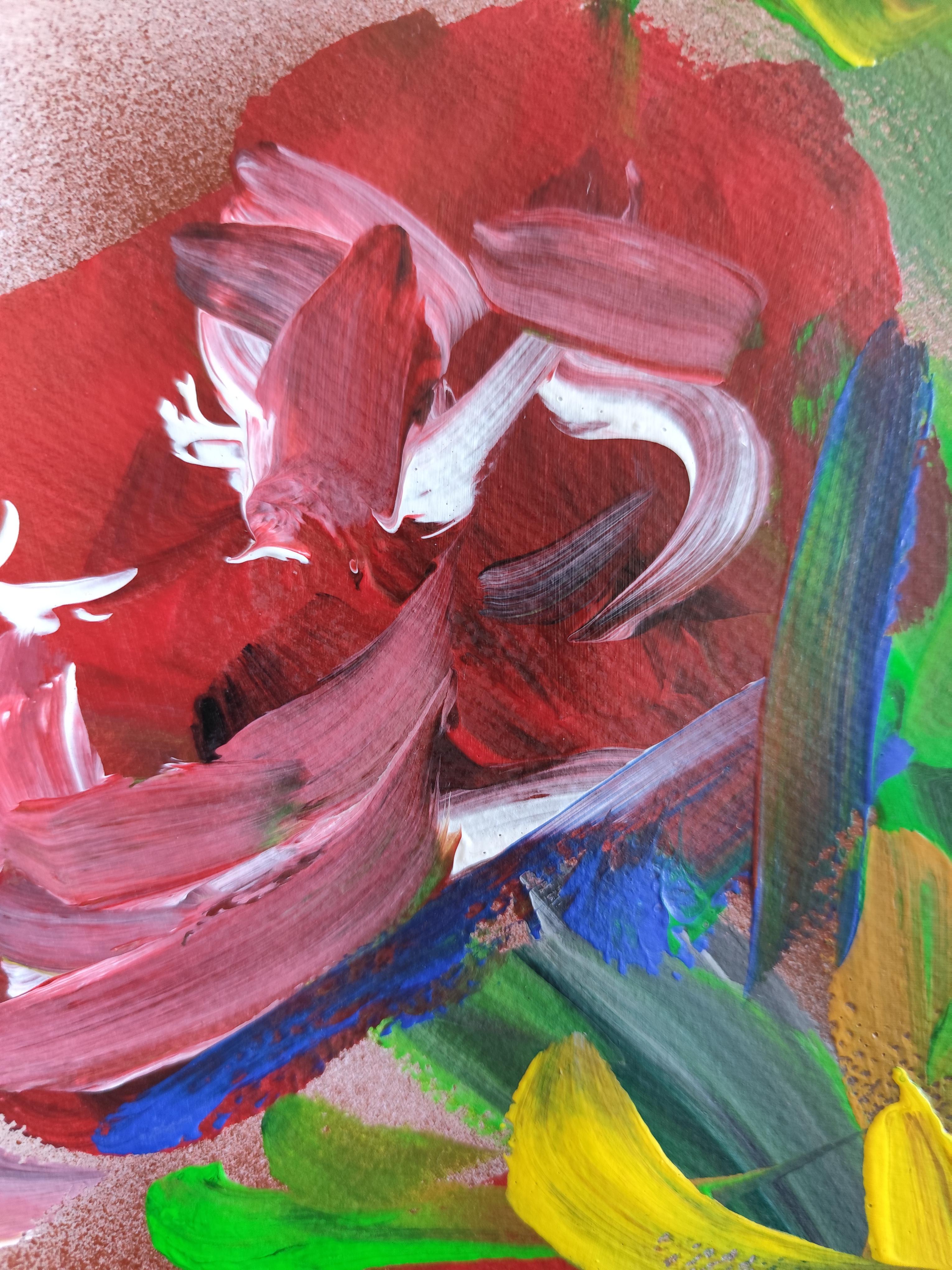 Abstraktes, ausdrucksstarkes Acrylgemälde mit BlumenRosen auf Papier „Crimson blooms“ im Angebot 12