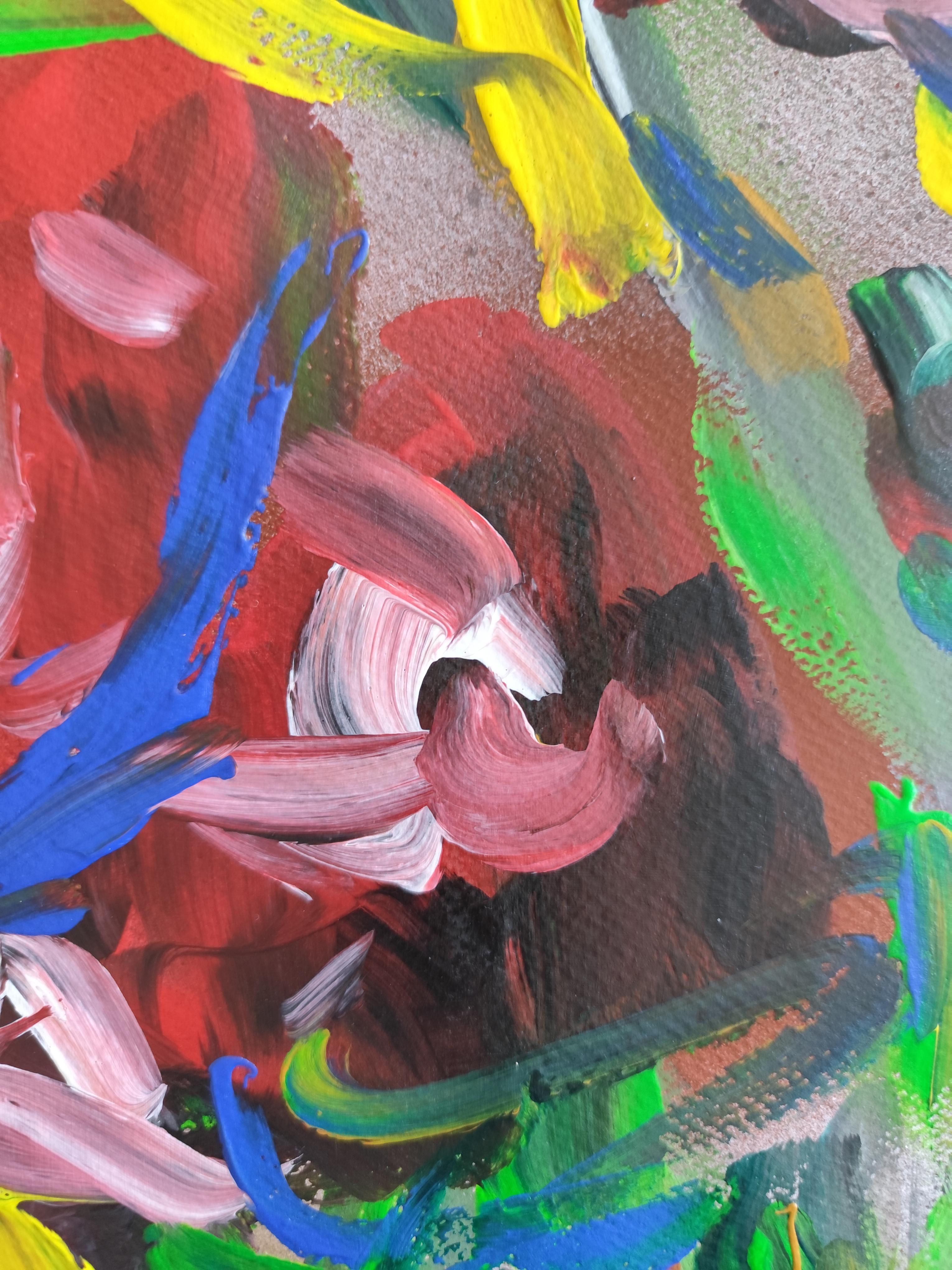 Abstraktes, ausdrucksstarkes Acrylgemälde mit BlumenRosen auf Papier „Crimson blooms“ im Angebot 14