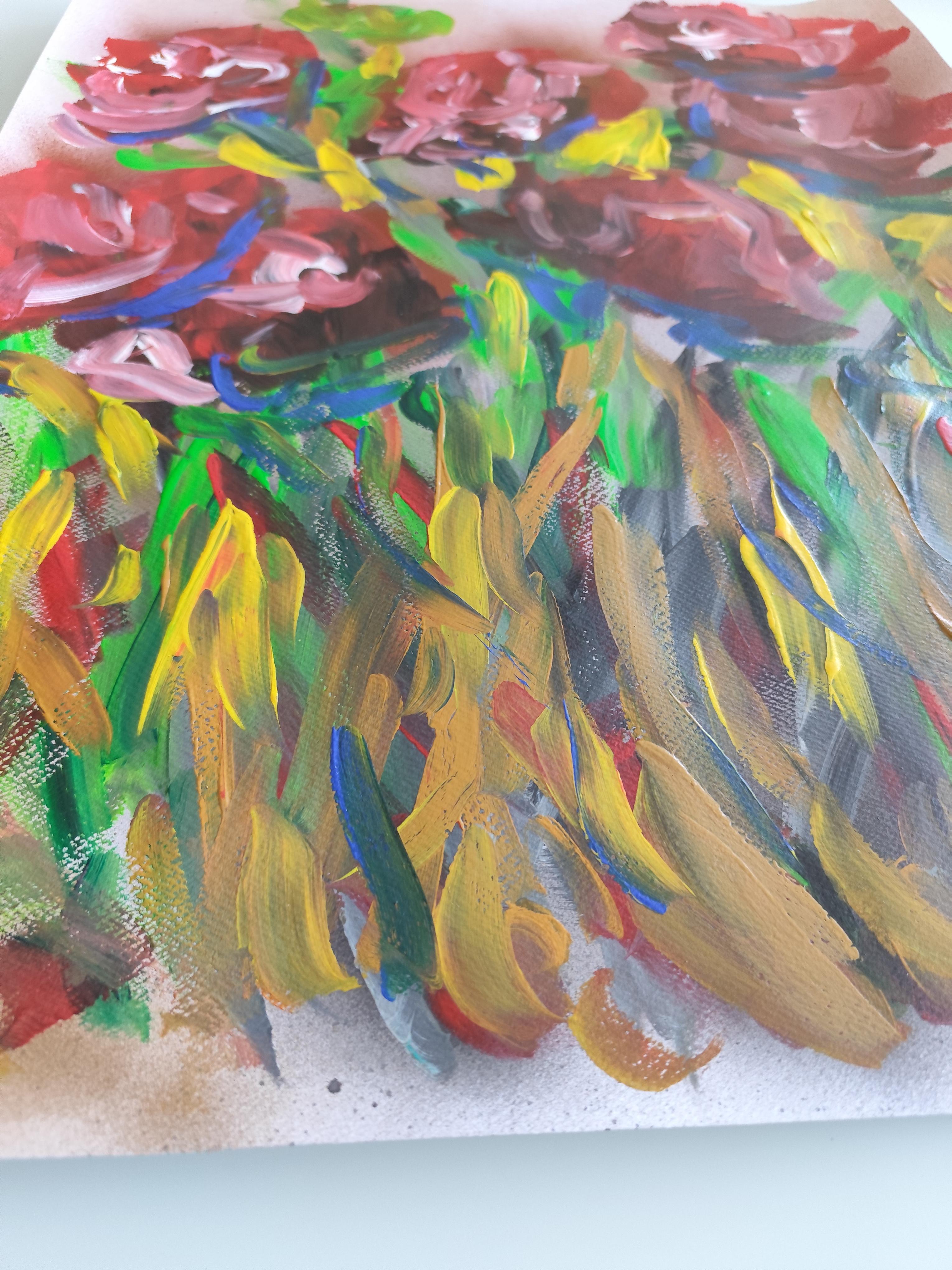 Abstraktes, ausdrucksstarkes Acrylgemälde mit BlumenRosen auf Papier „Crimson blooms“ im Angebot 16