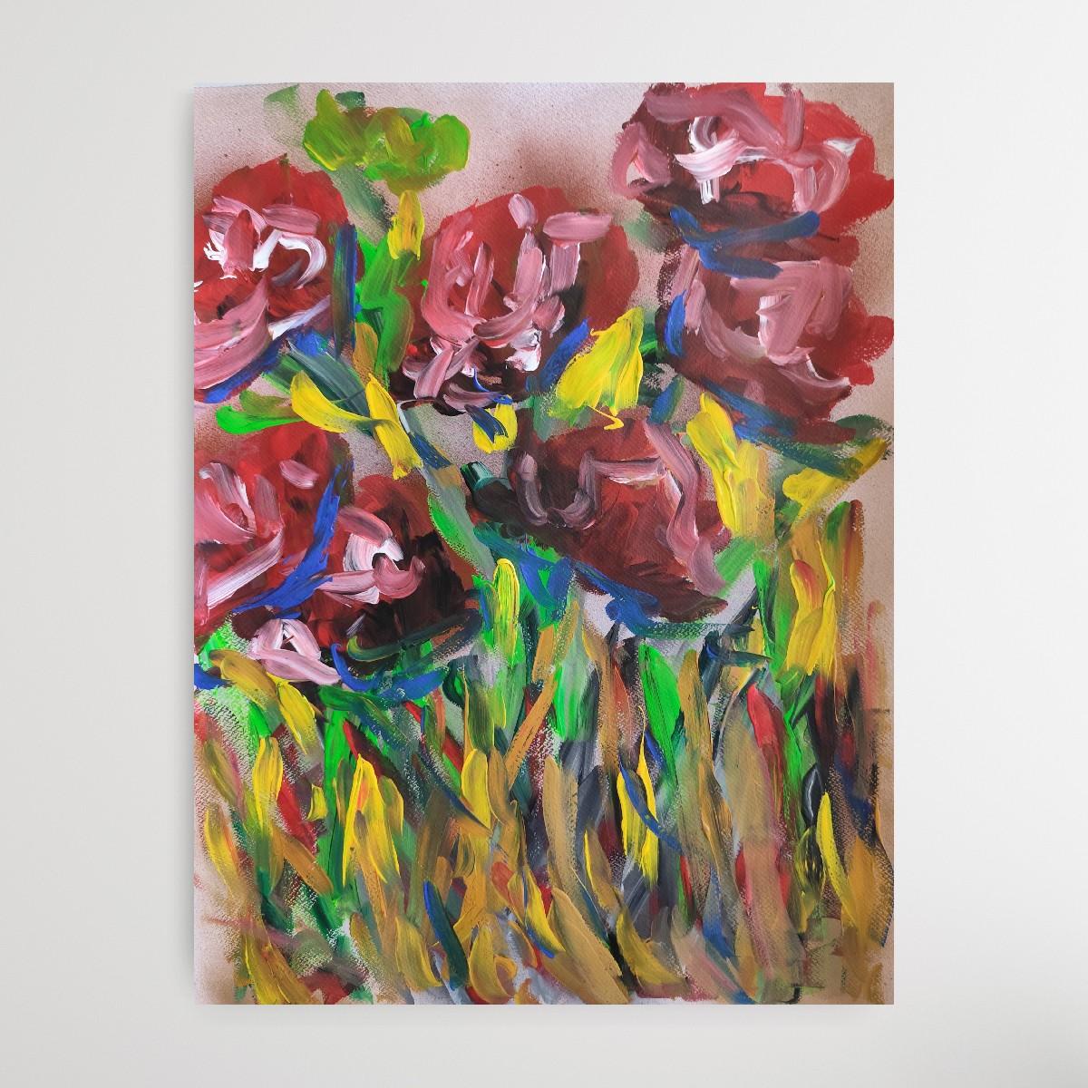 Abstraktes, ausdrucksstarkes Acrylgemälde mit BlumenRosen auf Papier „Crimson blooms“ im Angebot 4