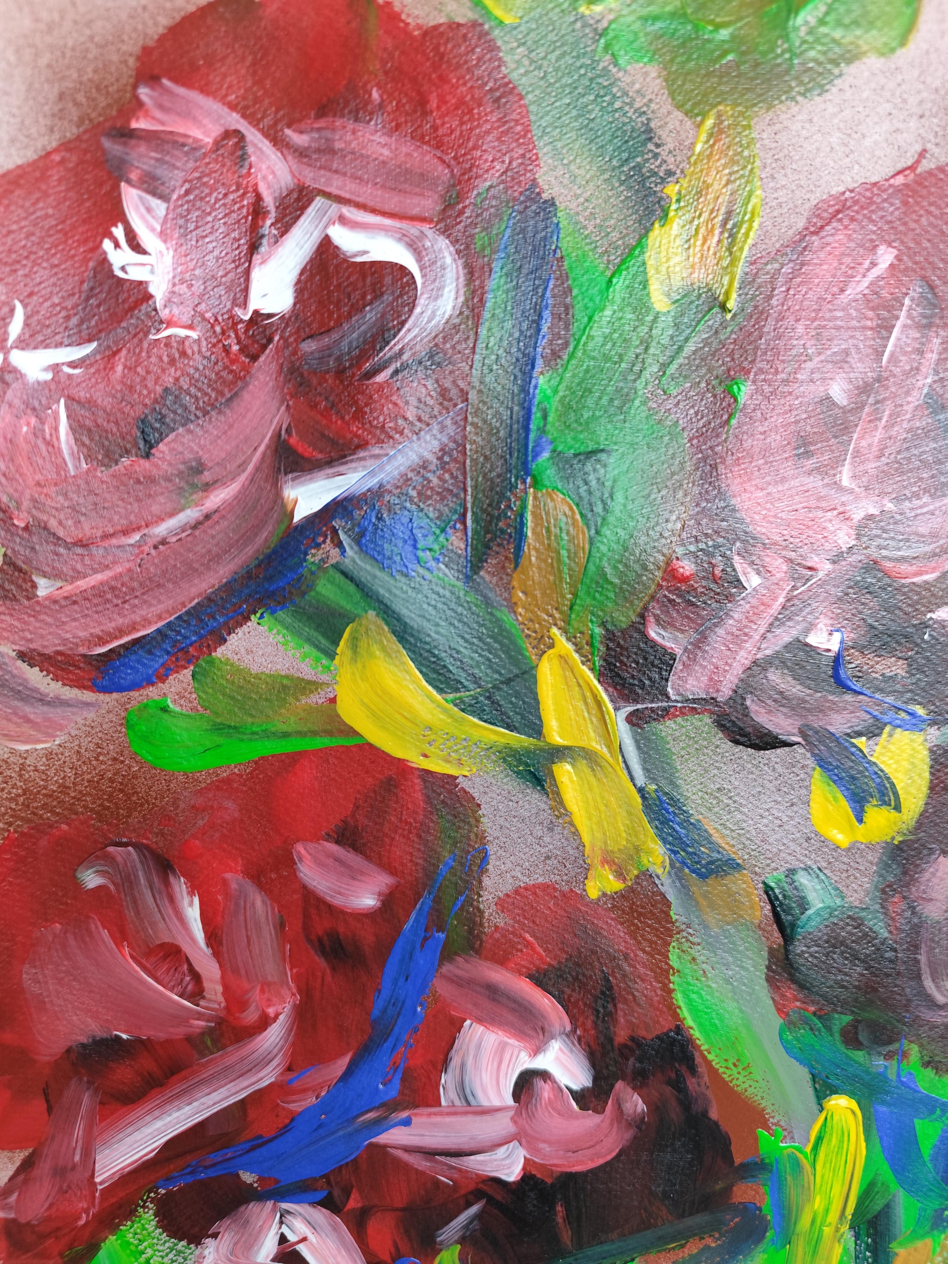 Abstraktes, ausdrucksstarkes Acrylgemälde mit BlumenRosen auf Papier „Crimson blooms“ im Angebot 5