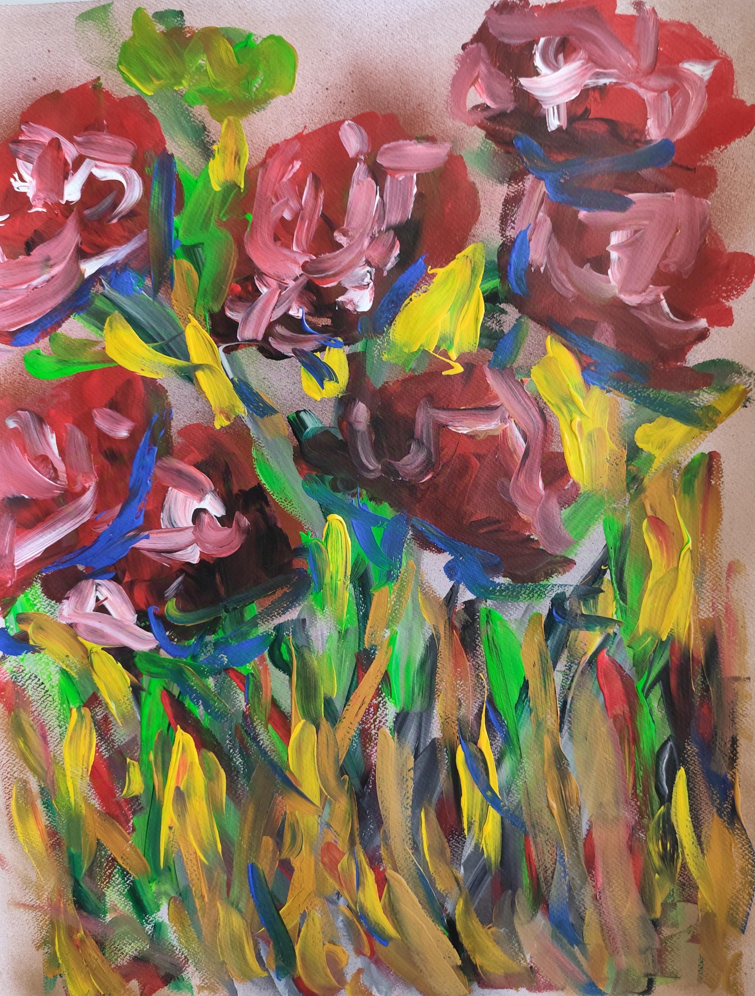 Abstract expressive floral roses acrylic painting on paper "Crimson blooms""