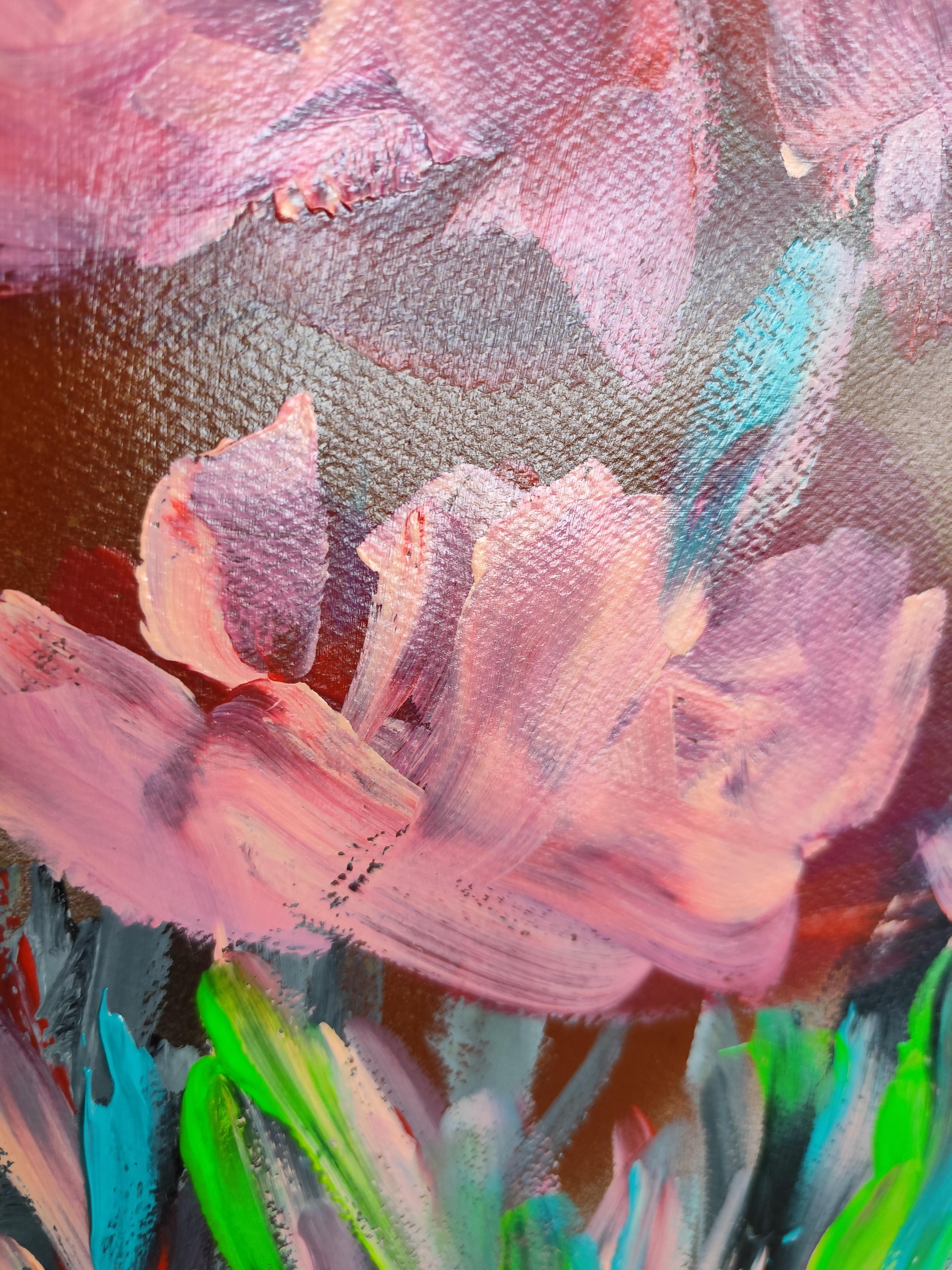 Pittura acrilica astratta espressiva di rose floreali su carta 