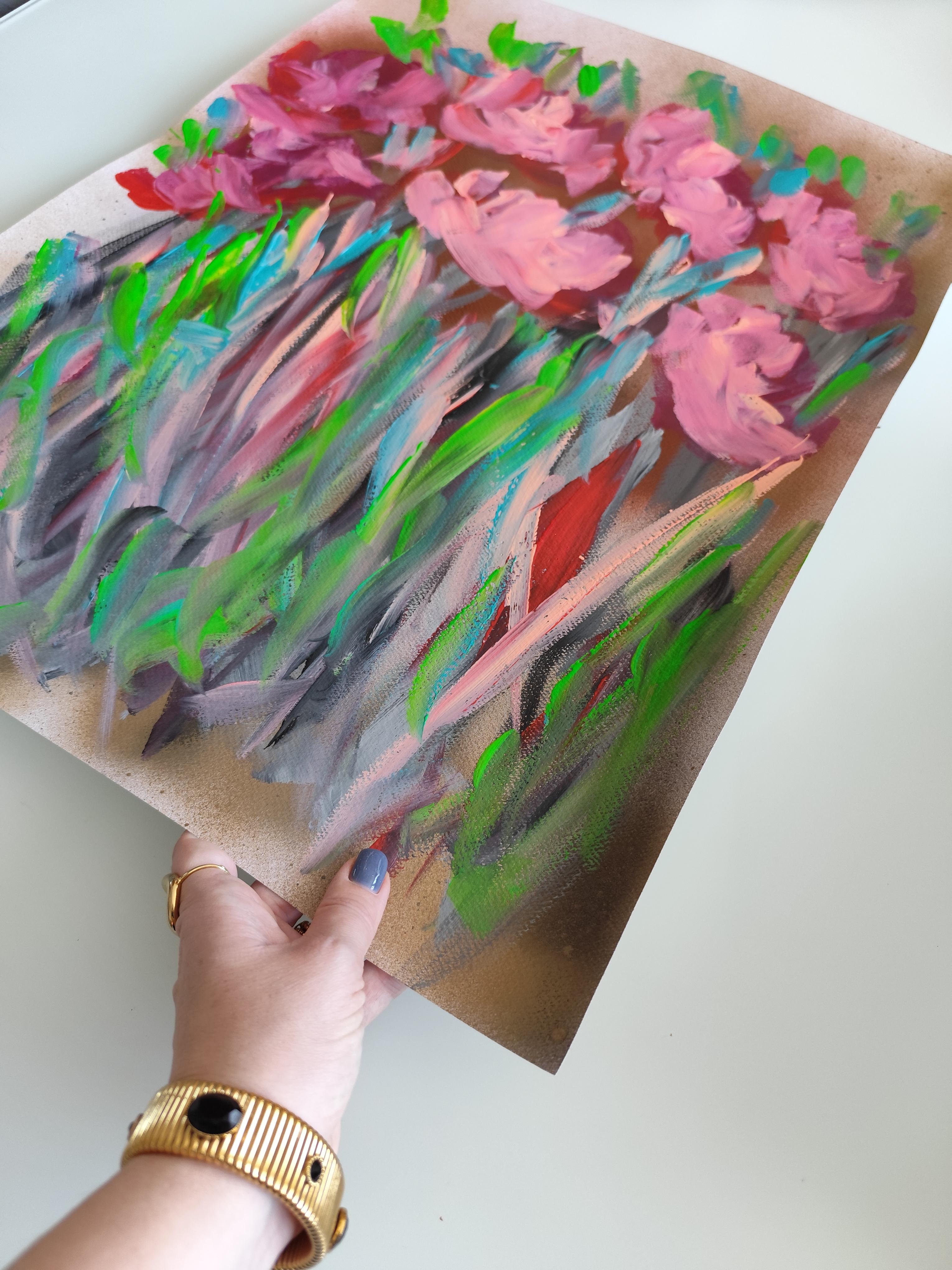 Pittura acrilica astratta espressiva di rose floreali su carta 