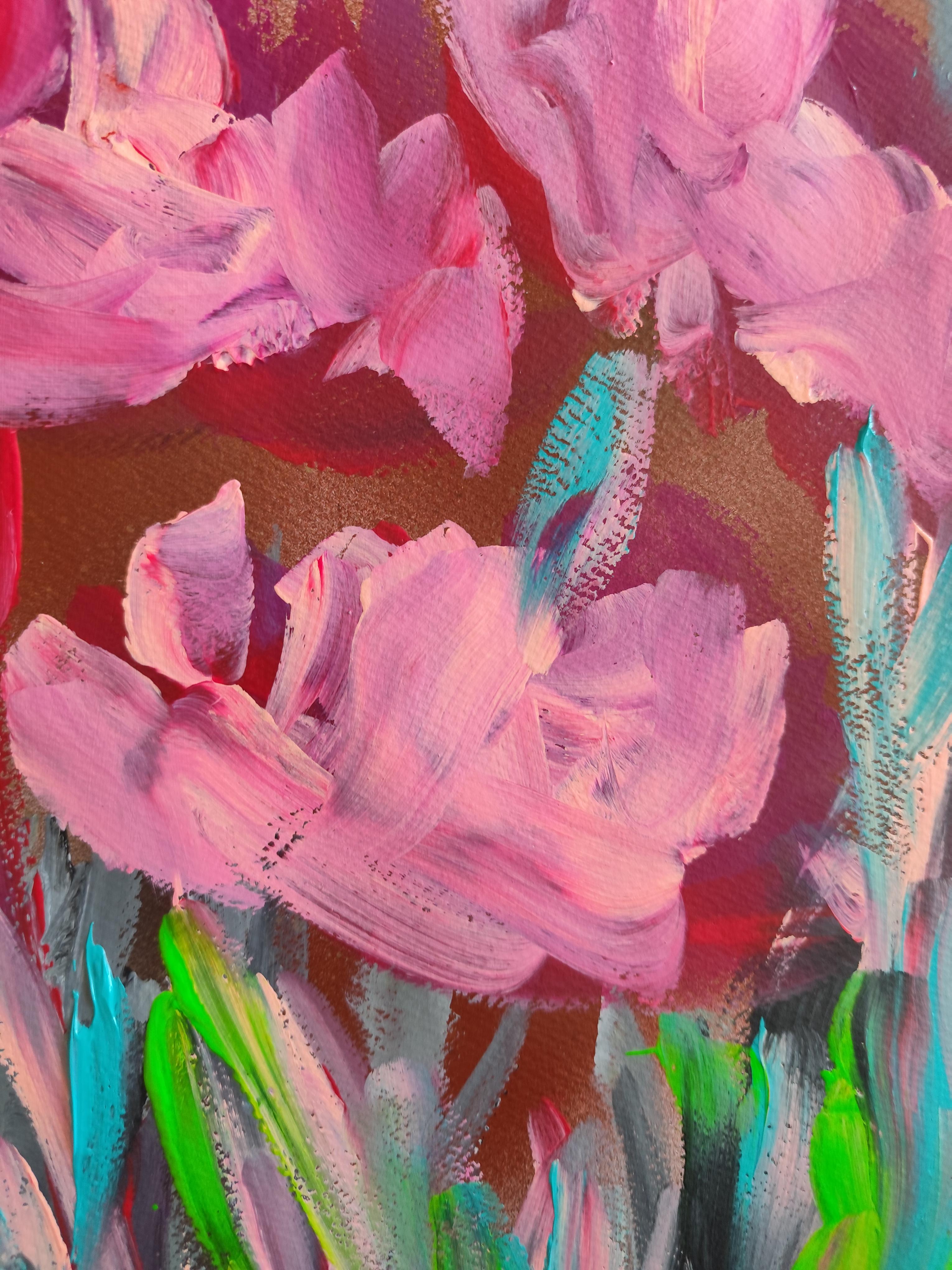 Pittura acrilica astratta espressiva di rose floreali su carta 