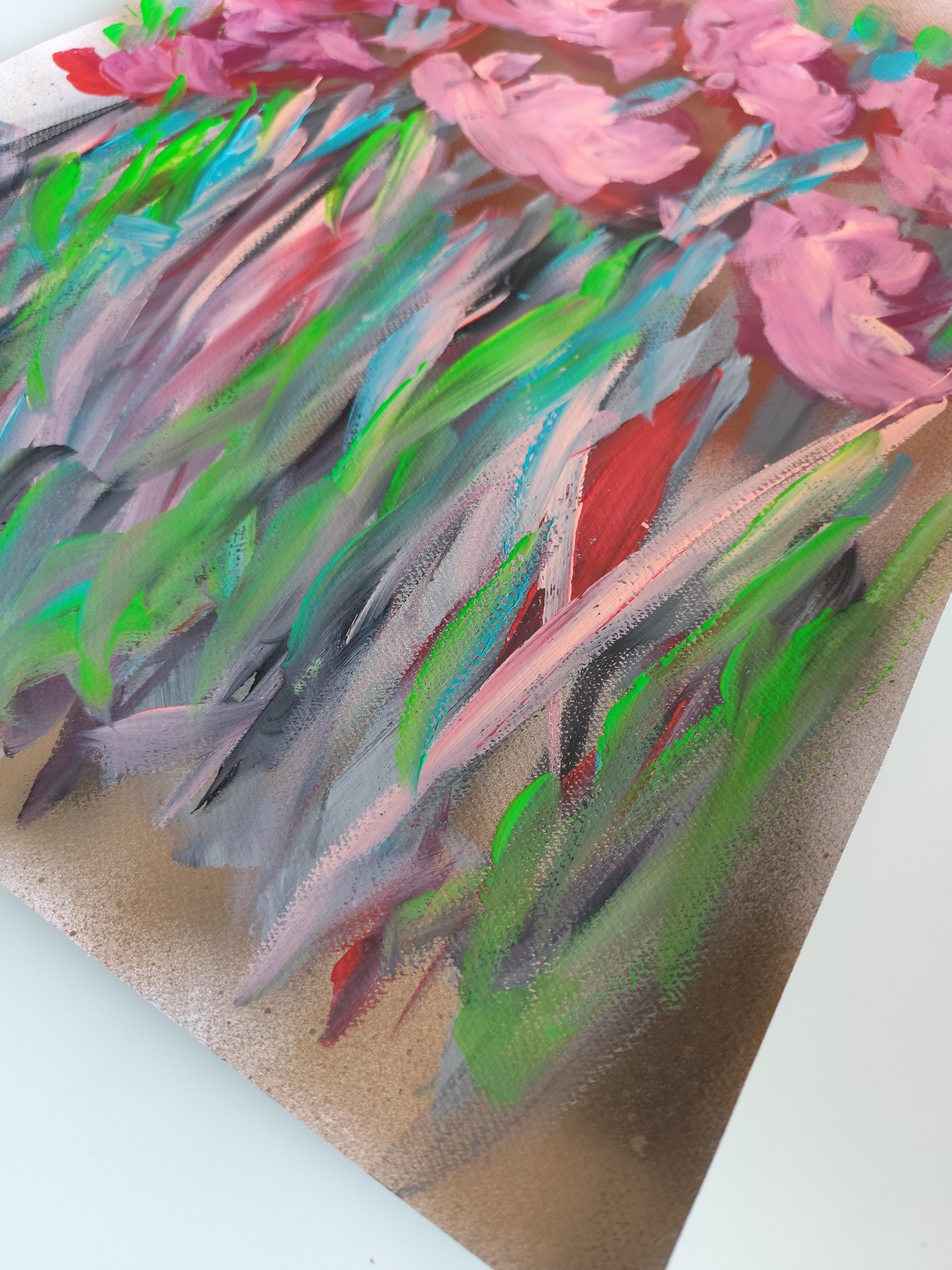 Pittura acrilica astratta espressiva di rose floreali su carta 