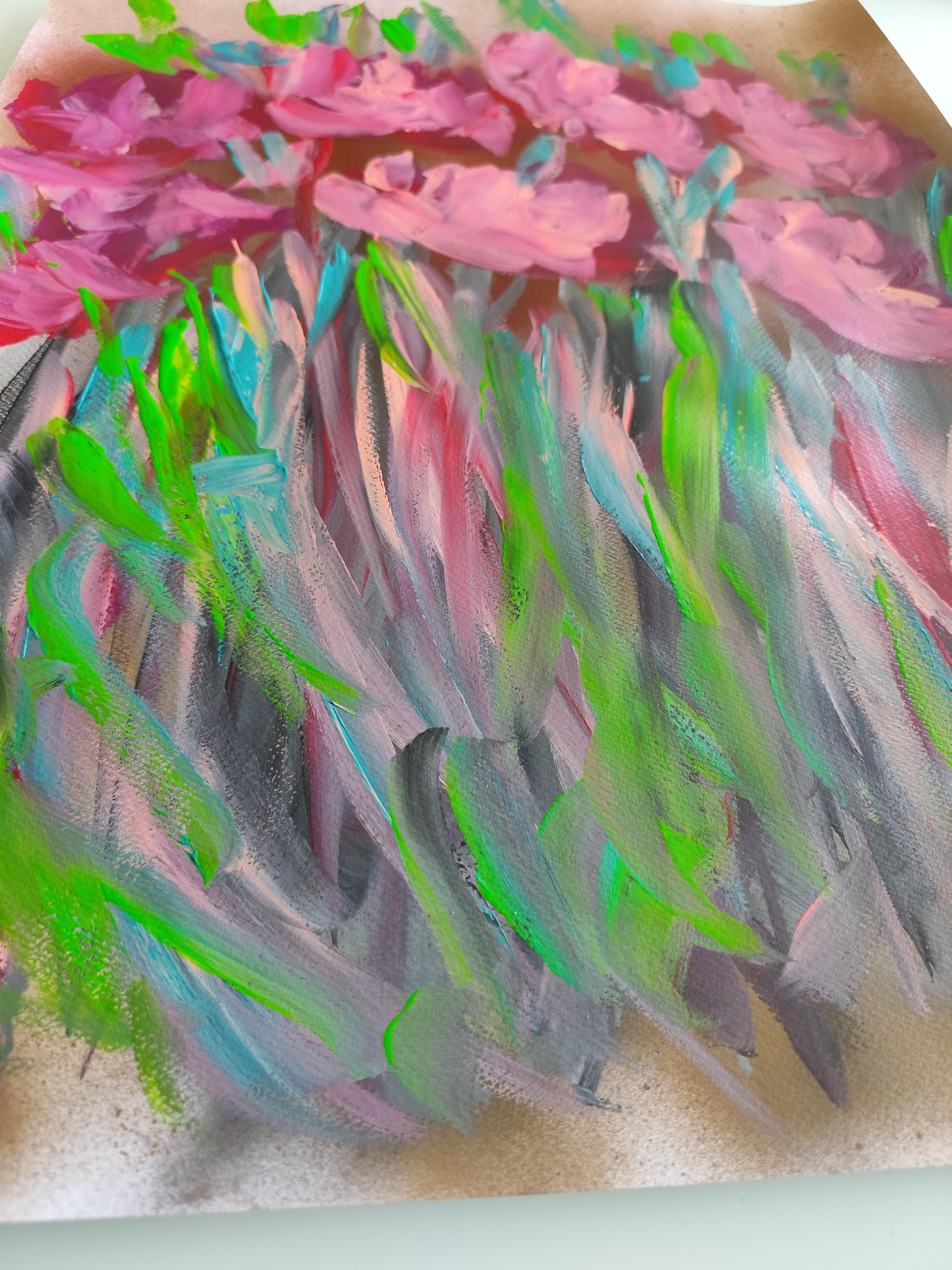 Pittura acrilica astratta espressiva di rose floreali su carta 