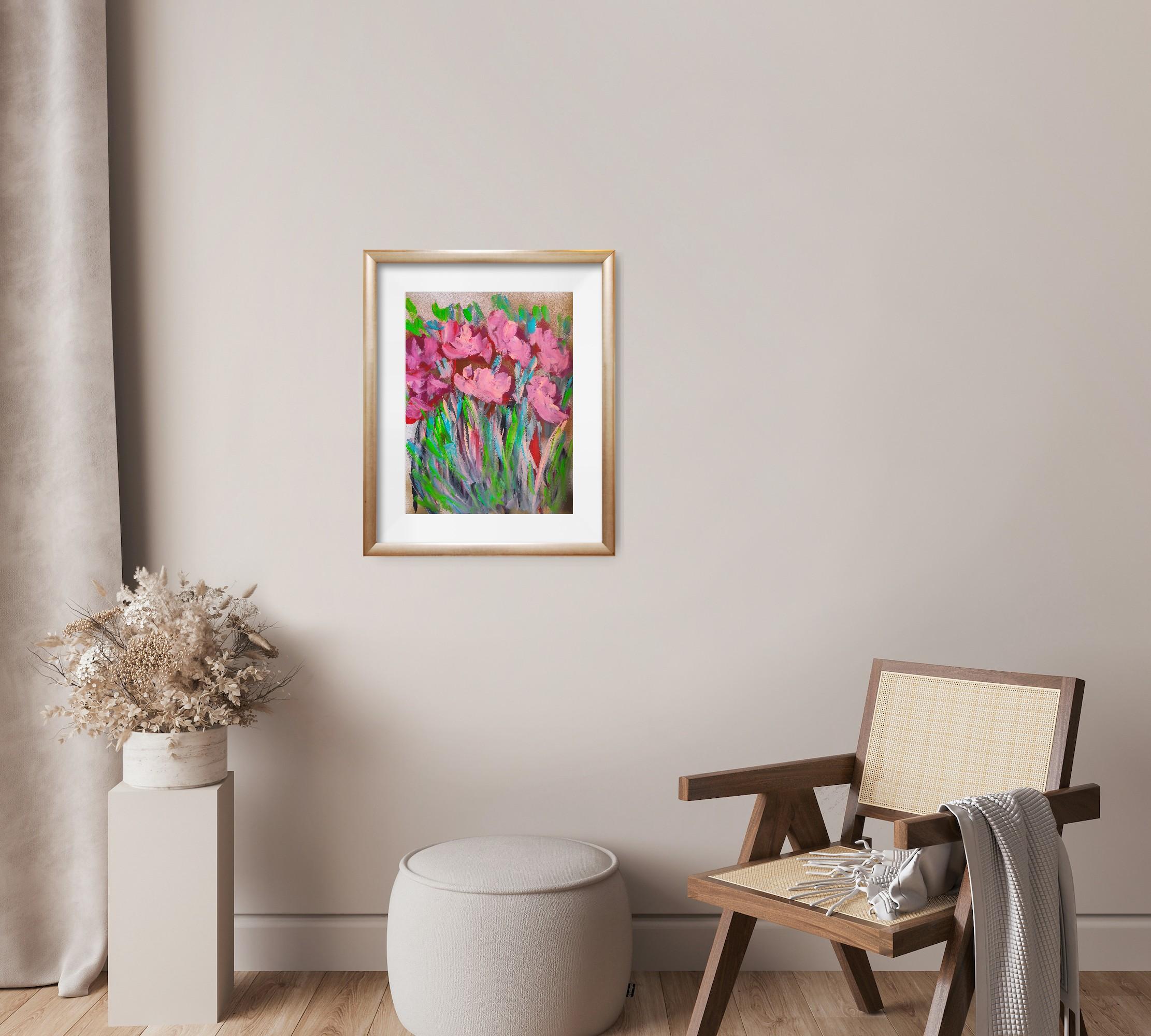 Pittura acrilica astratta espressiva di rose floreali su carta 