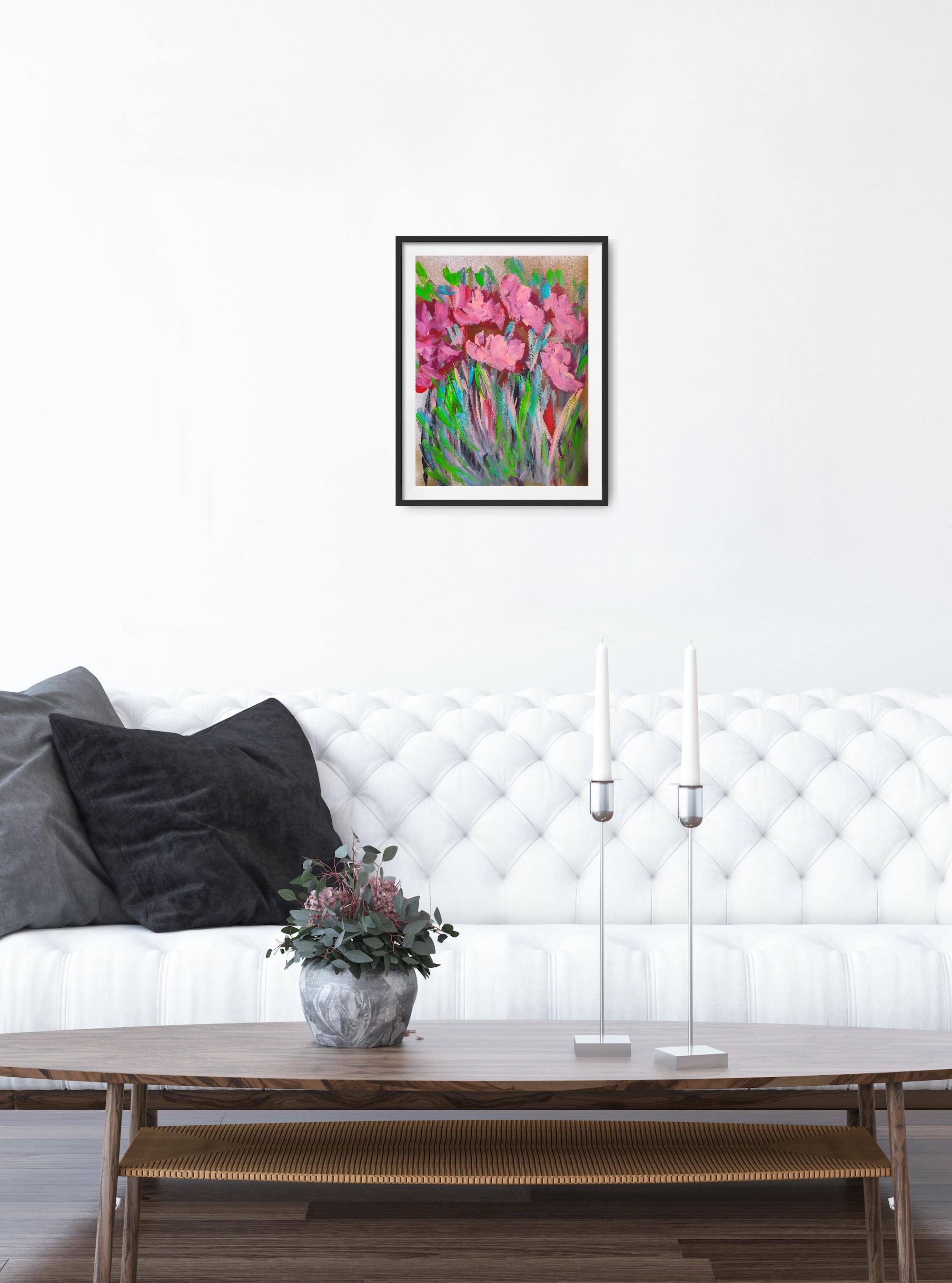 Pittura acrilica astratta espressiva di rose floreali su carta 
