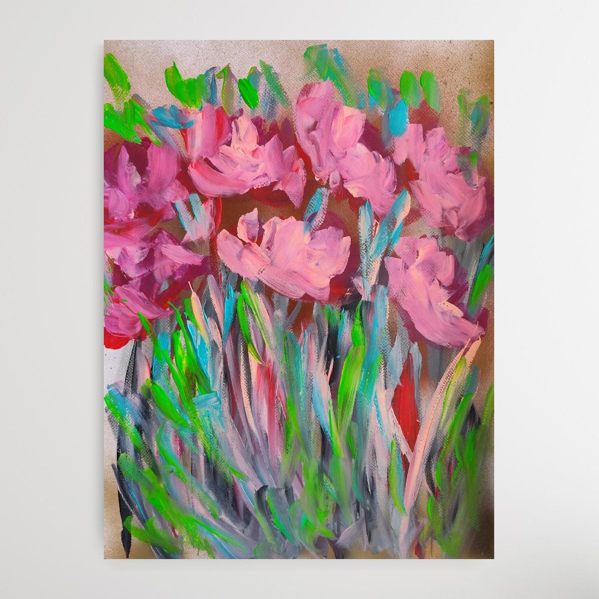 Pittura acrilica astratta espressiva di rose floreali su carta 