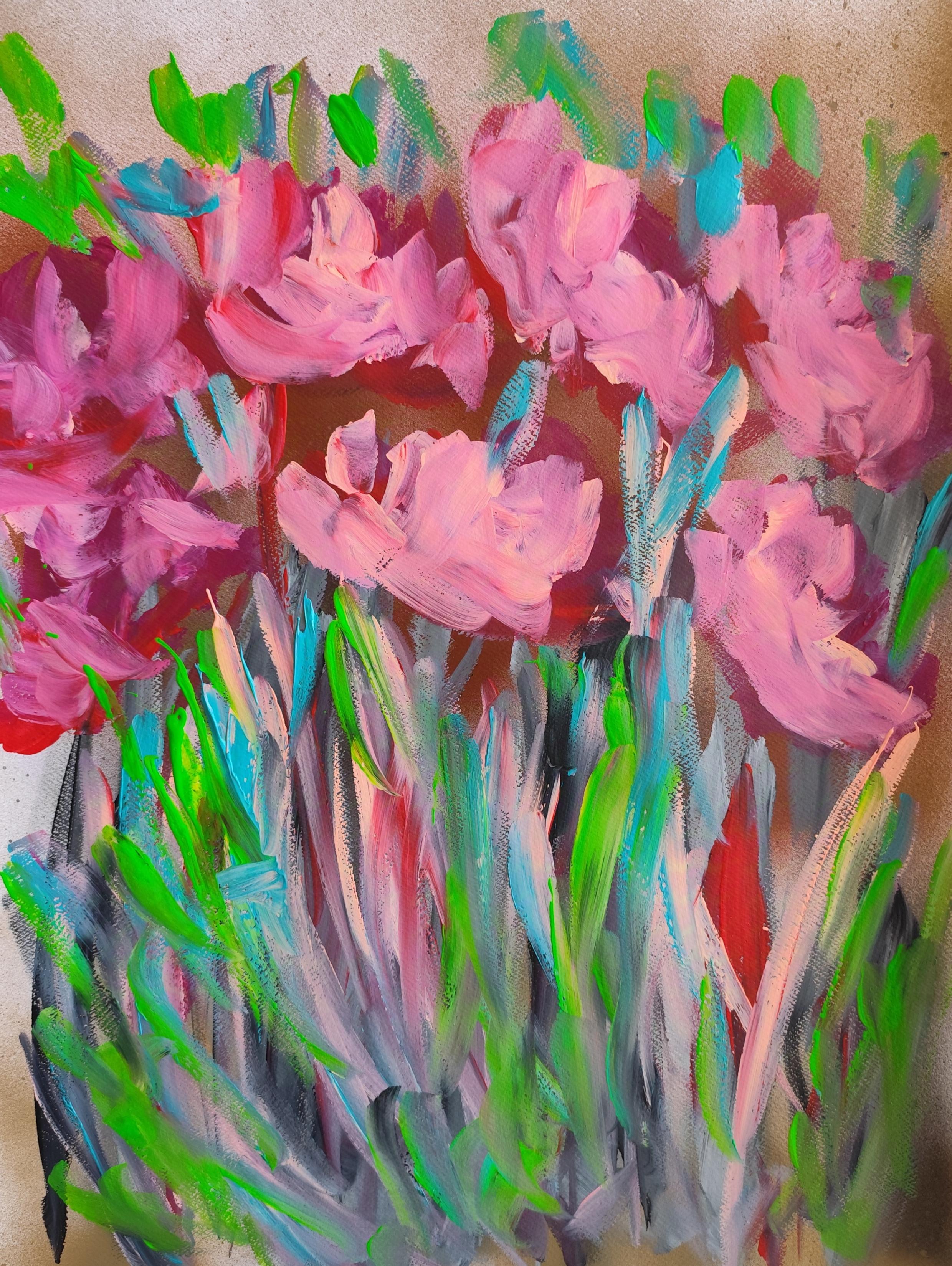 Interior Painting di Mougenot Natalya - Pittura acrilica astratta espressiva di rose floreali su carta "Fiori rosa".