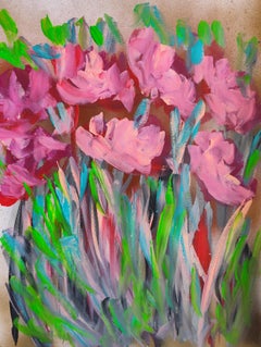 Pittura acrilica astratta espressiva di rose floreali su carta "Fiori rosa".