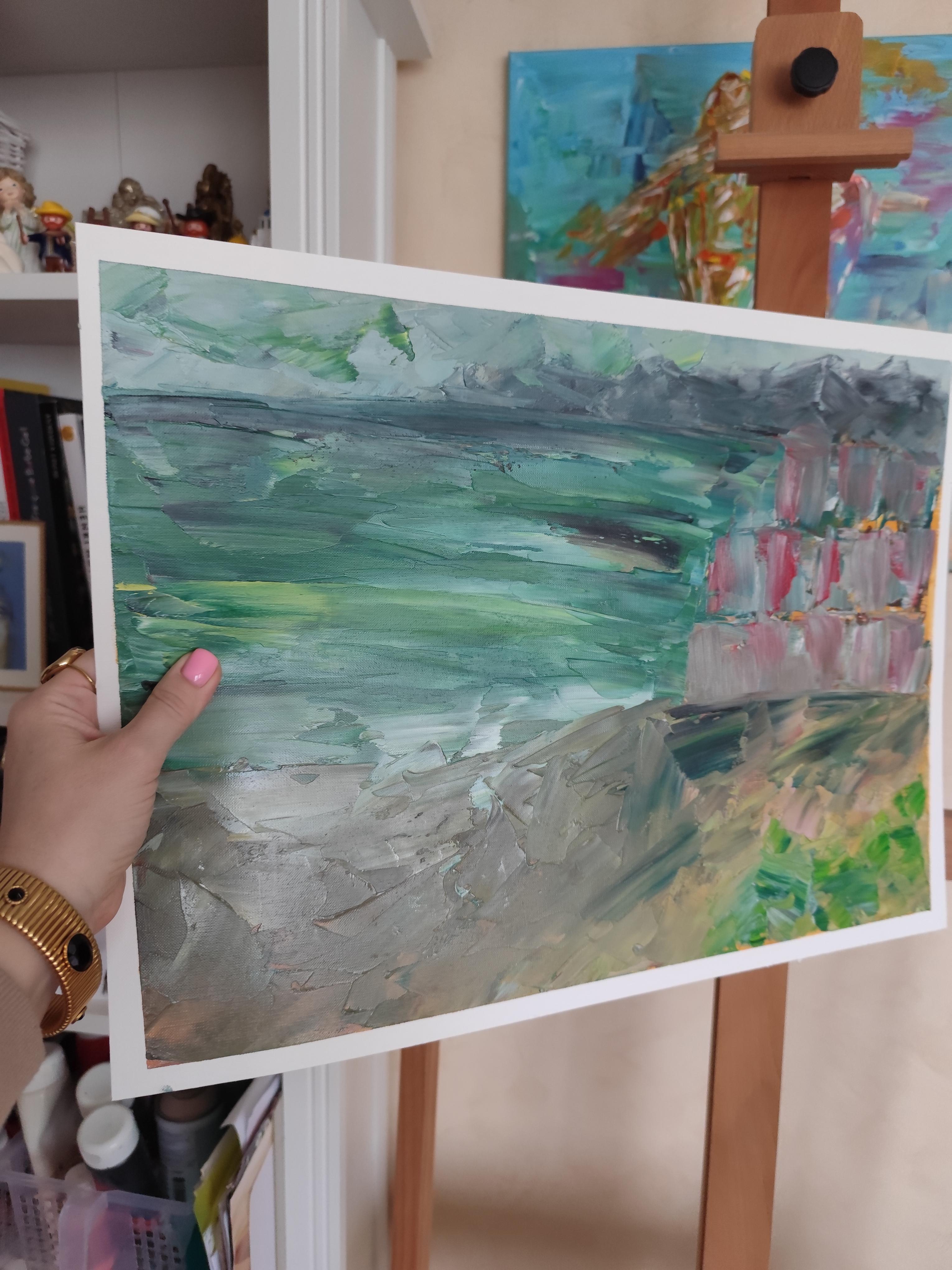 Paisaje expresivo abstracto de playa pintado al óleo sobre papel Fabriano profesional en venta 5