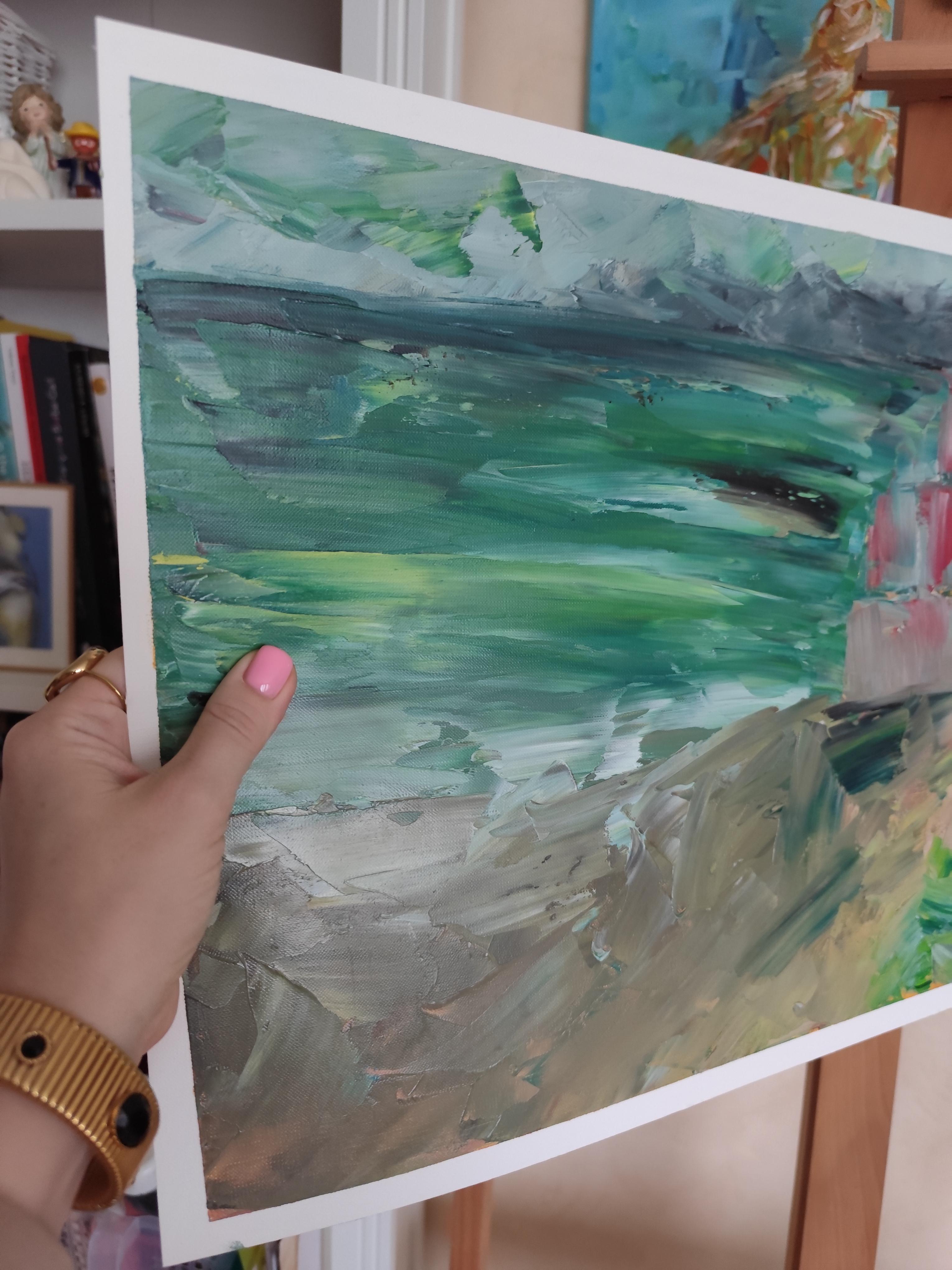 Paisaje expresivo abstracto de playa pintado al óleo sobre papel Fabriano profesional en venta 6
