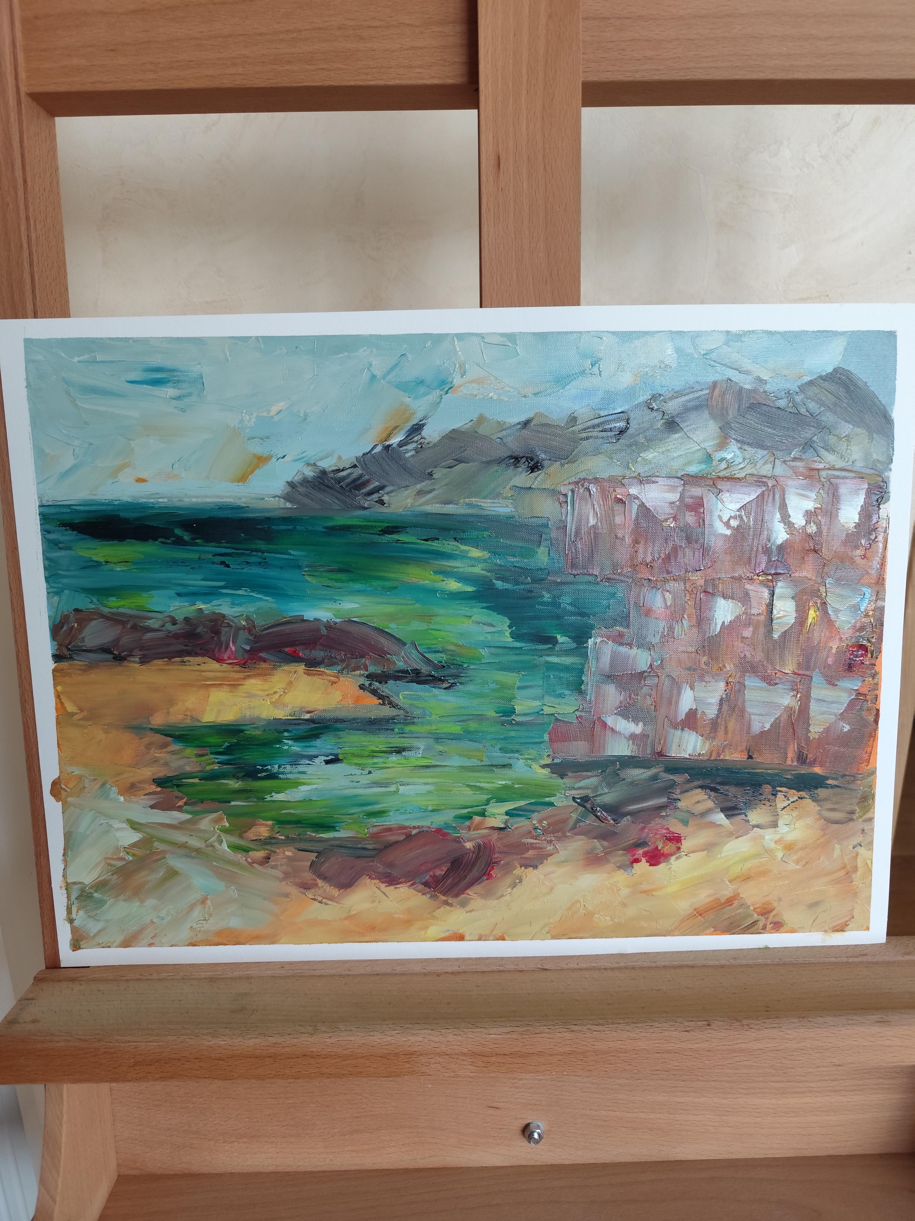 Pittura ad olio astratta di paesaggio espressivo sulla spiaggia su carta professionale Fabriano in vendita 6