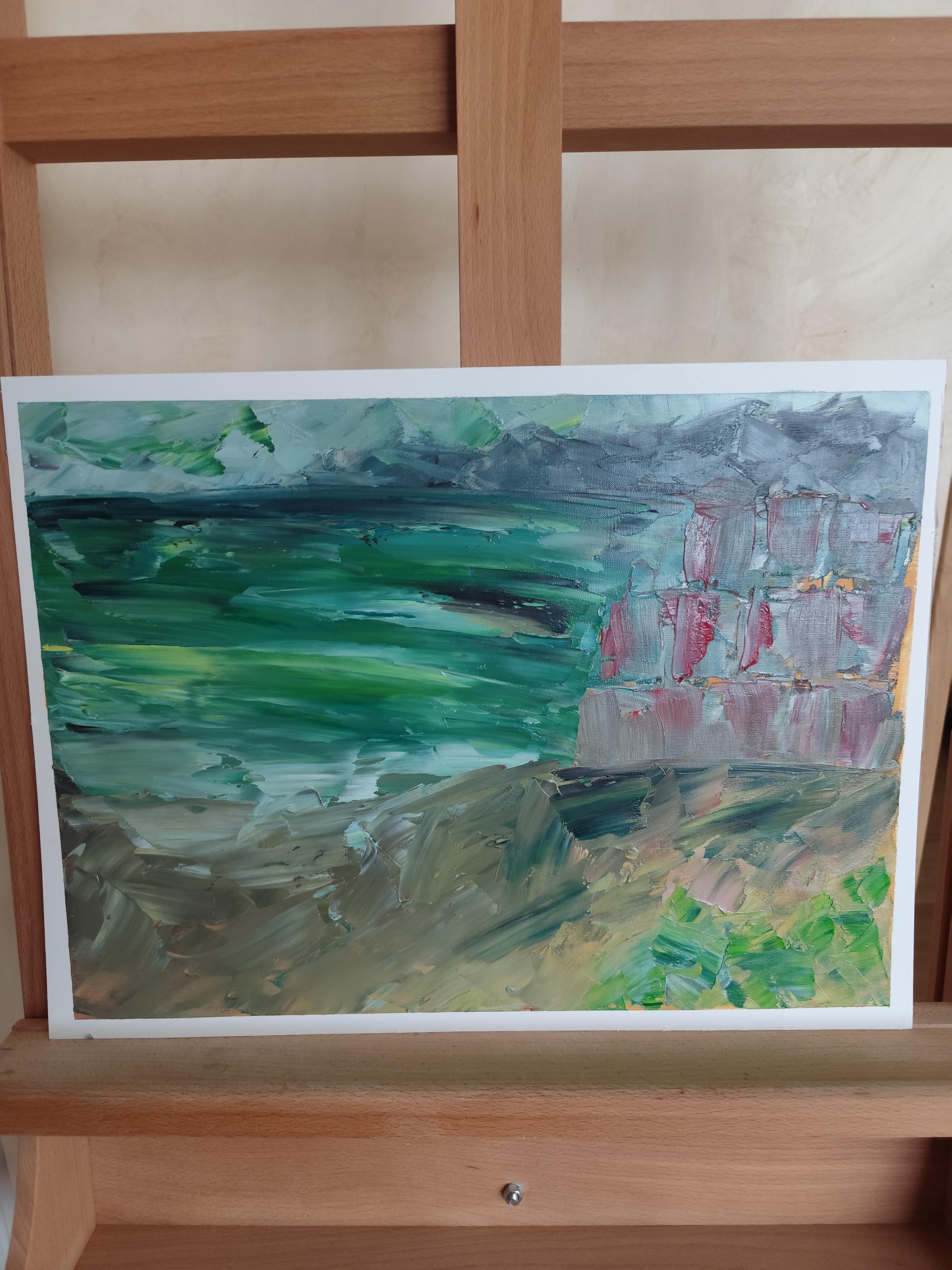 Paisaje expresivo abstracto de playa pintado al óleo sobre papel Fabriano profesional en venta 7