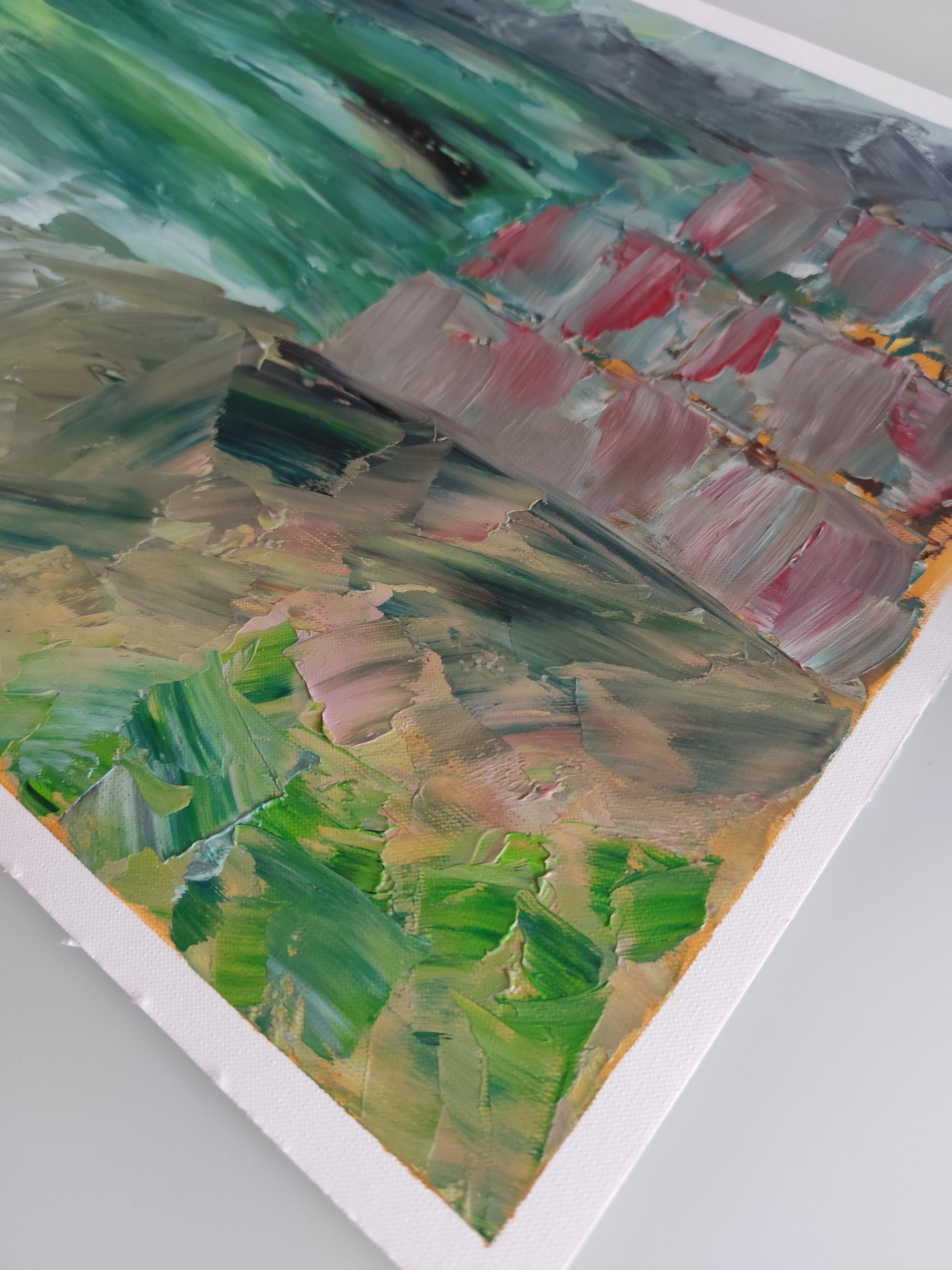 Paisaje expresivo abstracto de playa pintado al óleo sobre papel Fabriano profesional en venta 12