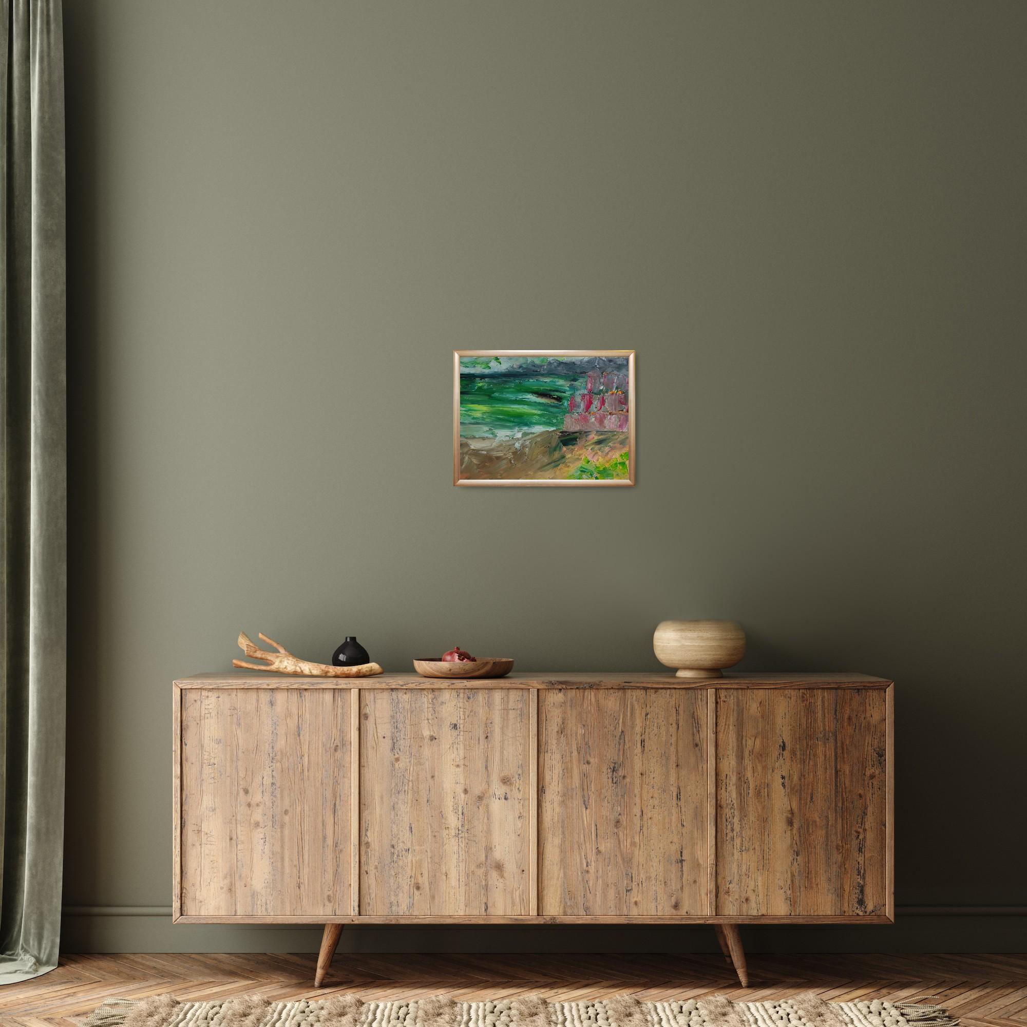 Paisaje expresivo abstracto de playa pintado al óleo sobre papel Fabriano profesional en venta 2