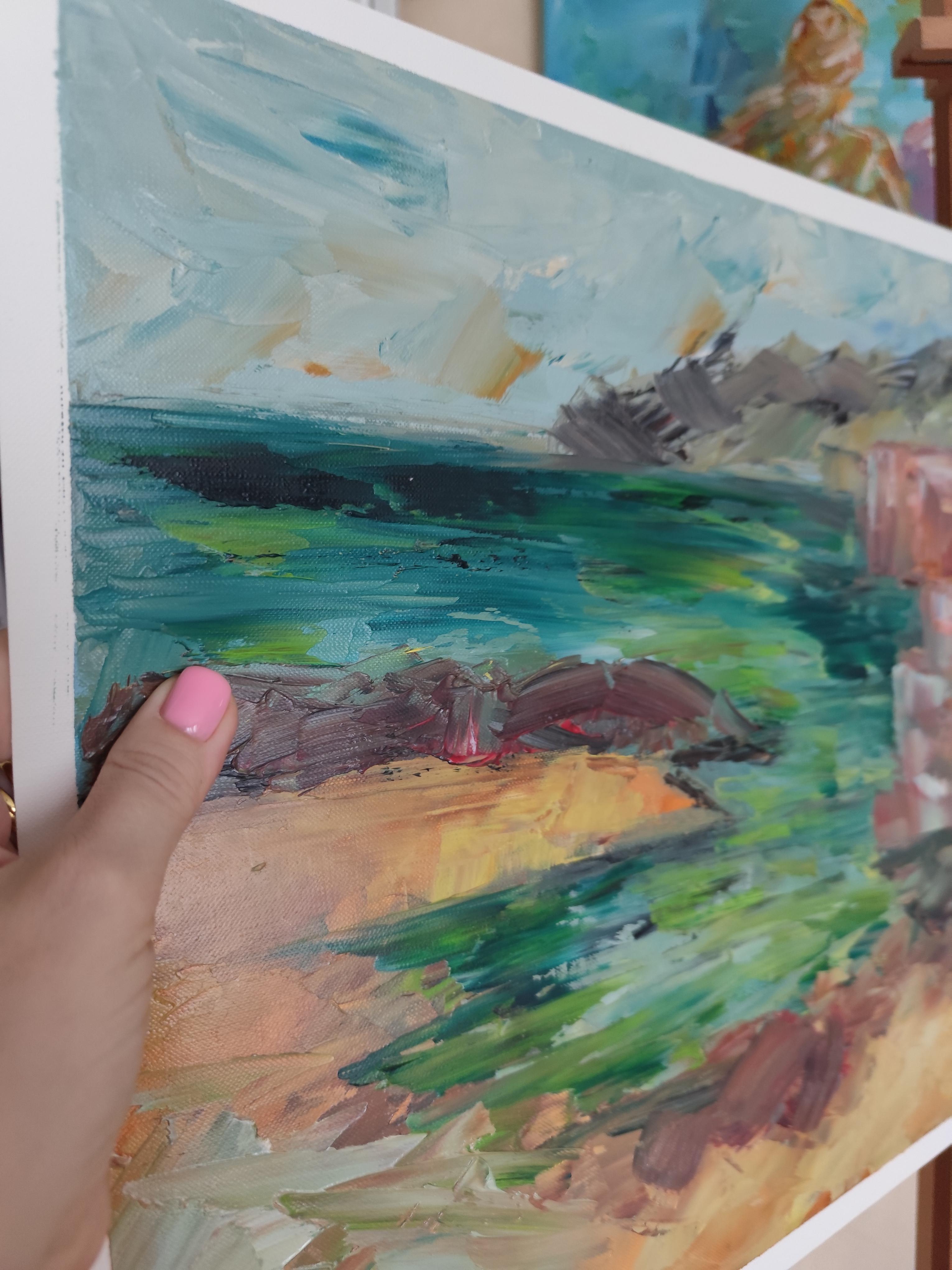 Pittura ad olio astratta di paesaggio espressivo sulla spiaggia su carta professionale Fabriano in vendita 3