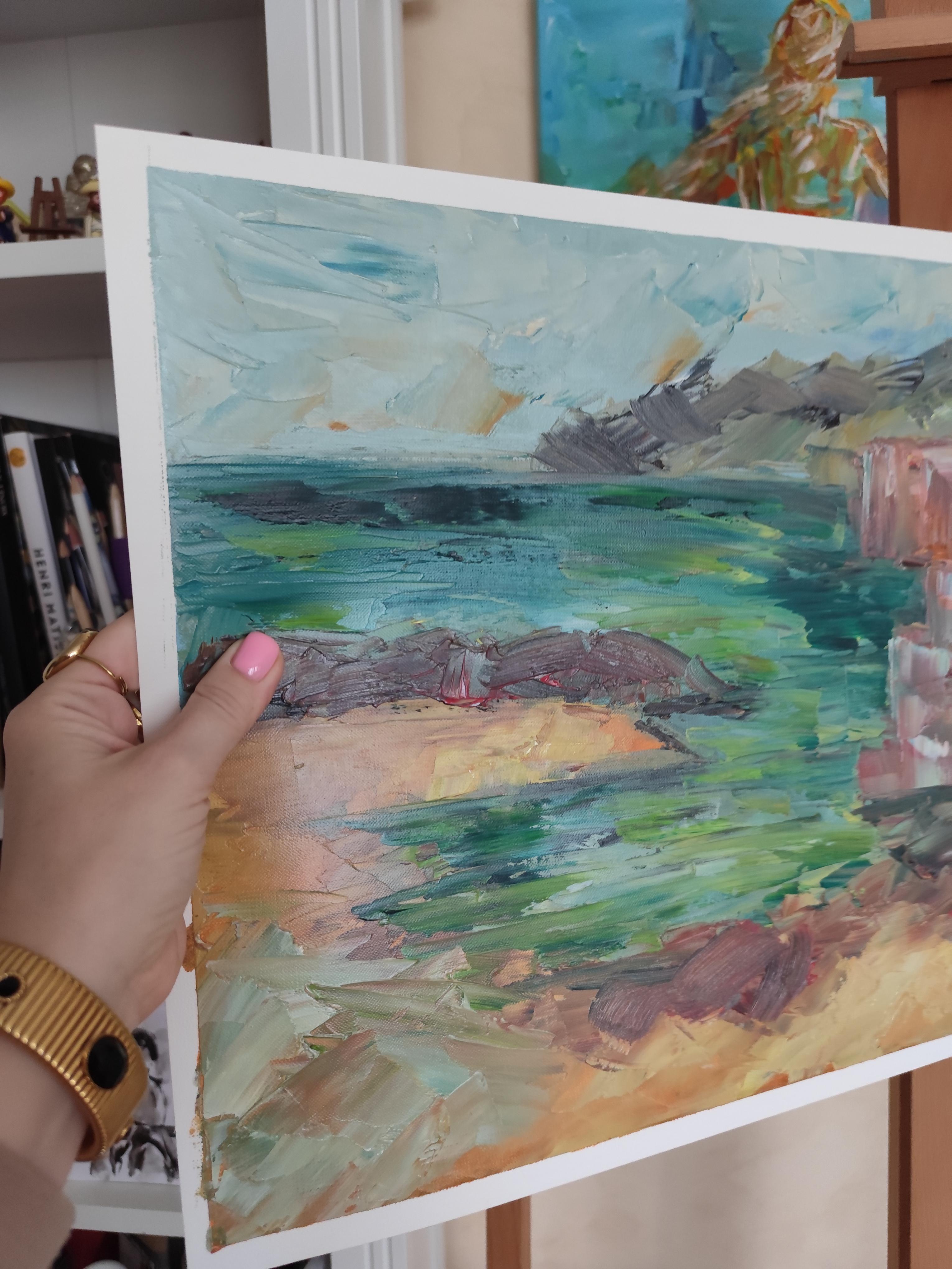Pittura ad olio astratta di paesaggio espressivo sulla spiaggia su carta professionale Fabriano in vendita 4
