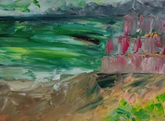 Paisaje expresivo abstracto de playa pintado al óleo sobre papel Fabriano profesional