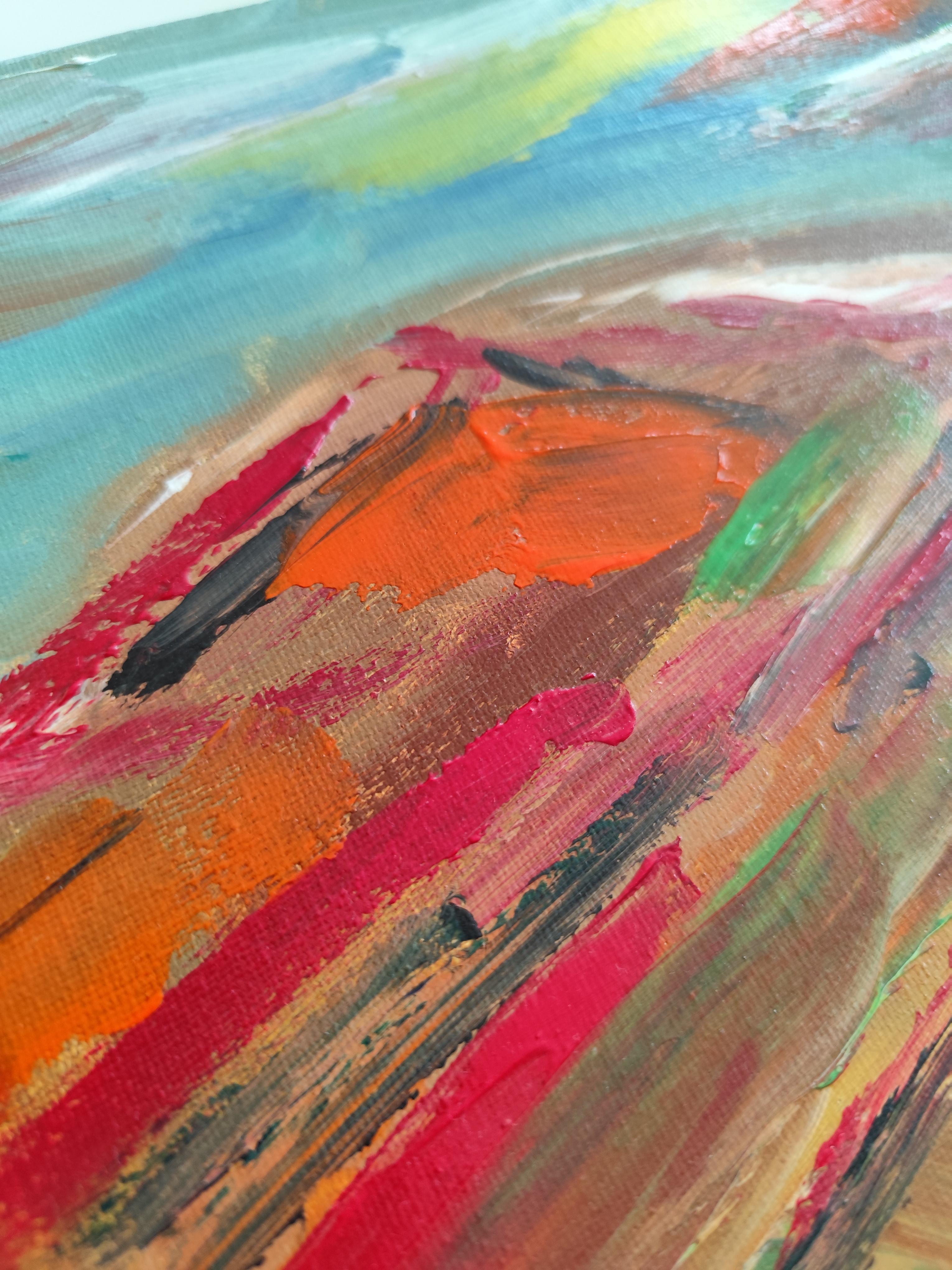 Peinture de paysage abstraite expressive sur toile « River among mountains » en vente 5