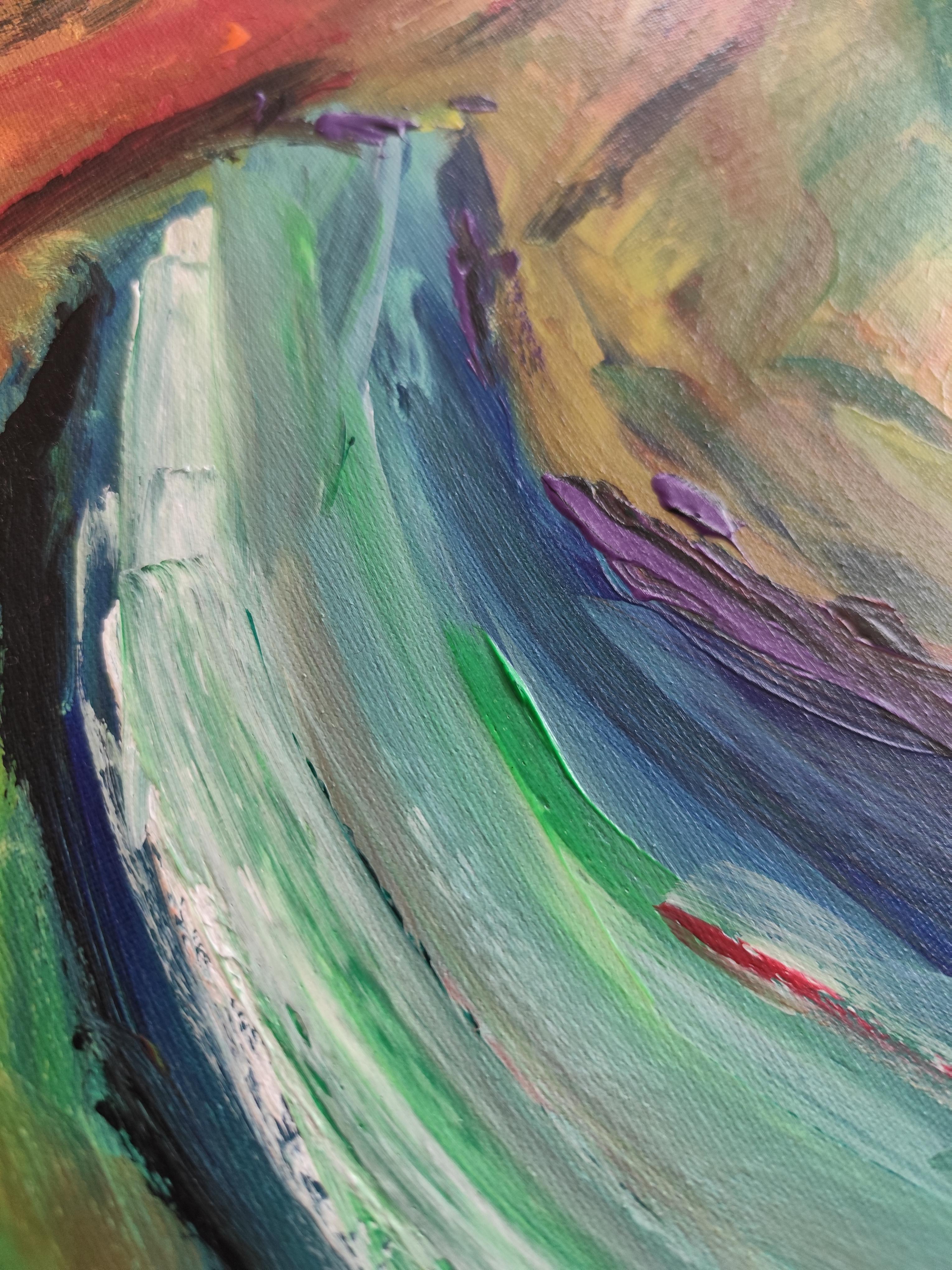 Peinture de paysage abstraite expressive sur toile « River among mountains » en vente 6